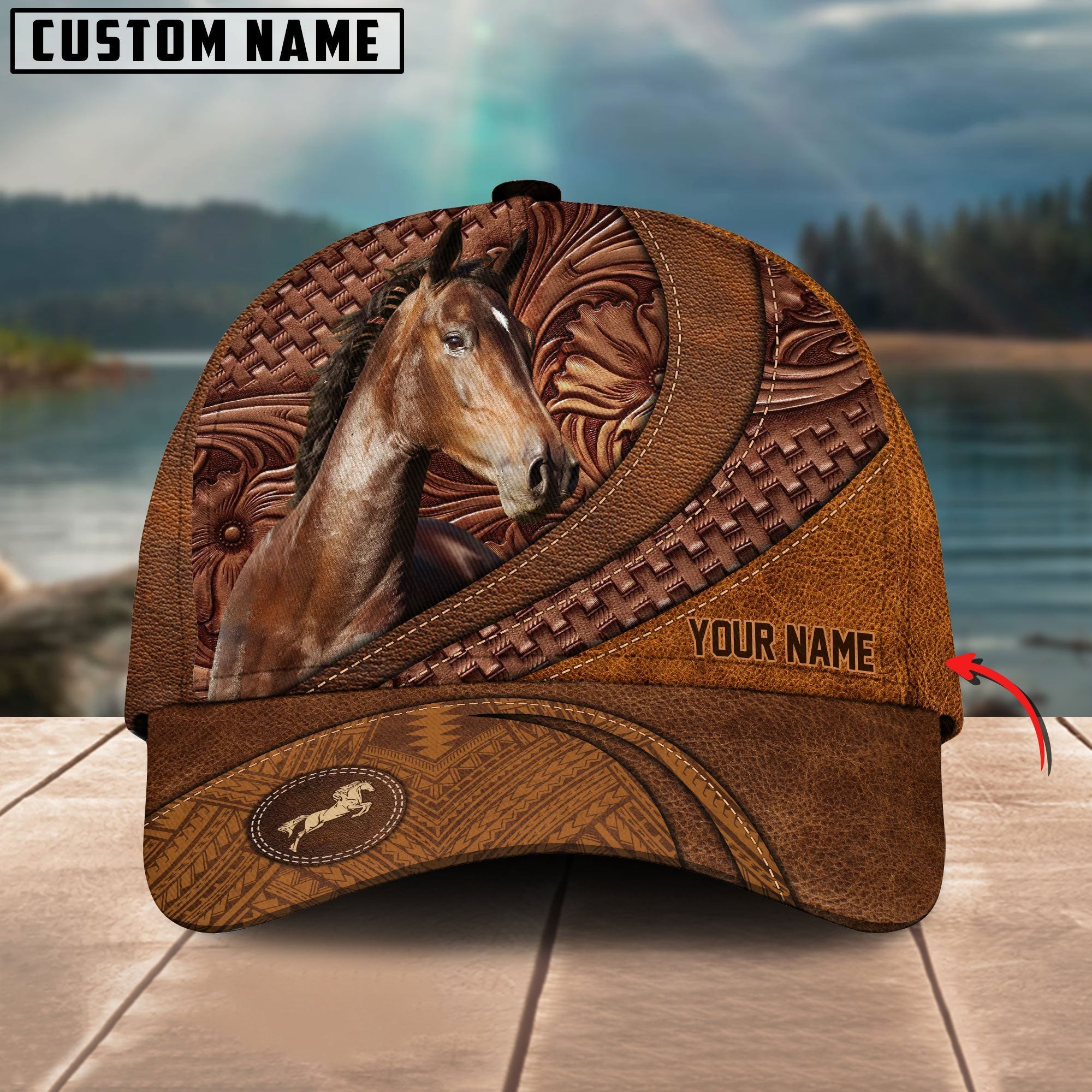 Hackney Horse Carving Leather Pattern Custom Name Cap