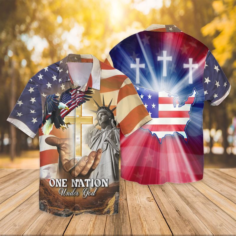 4th Of July Independence Day American Flag Jesus One Nation Under God Eagle Hawaiian Shirt For Men And Women