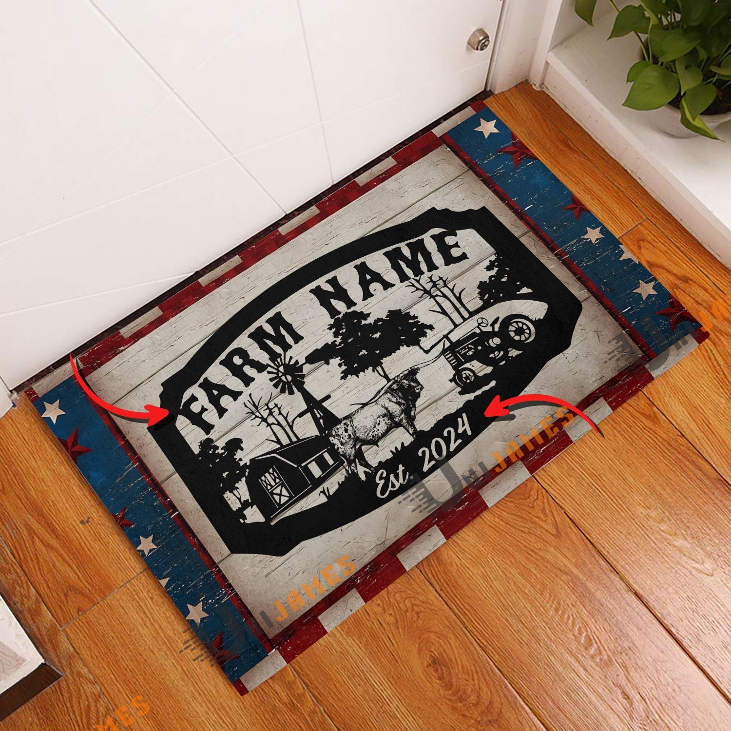 Texas Longhorn Red Blue Star Custom Farm Name And Year Doormat