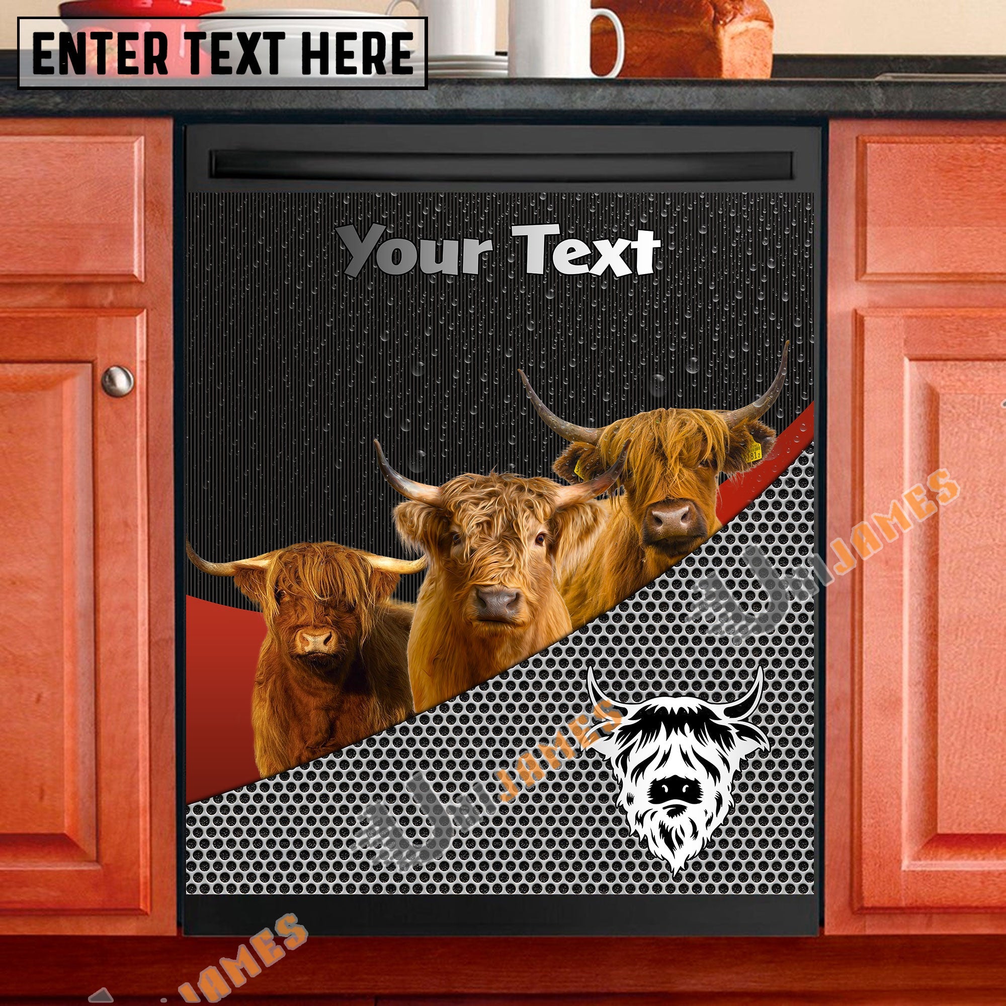 Highland Cattle Metal Pattern Custom Name Dishwasher Door Cover
