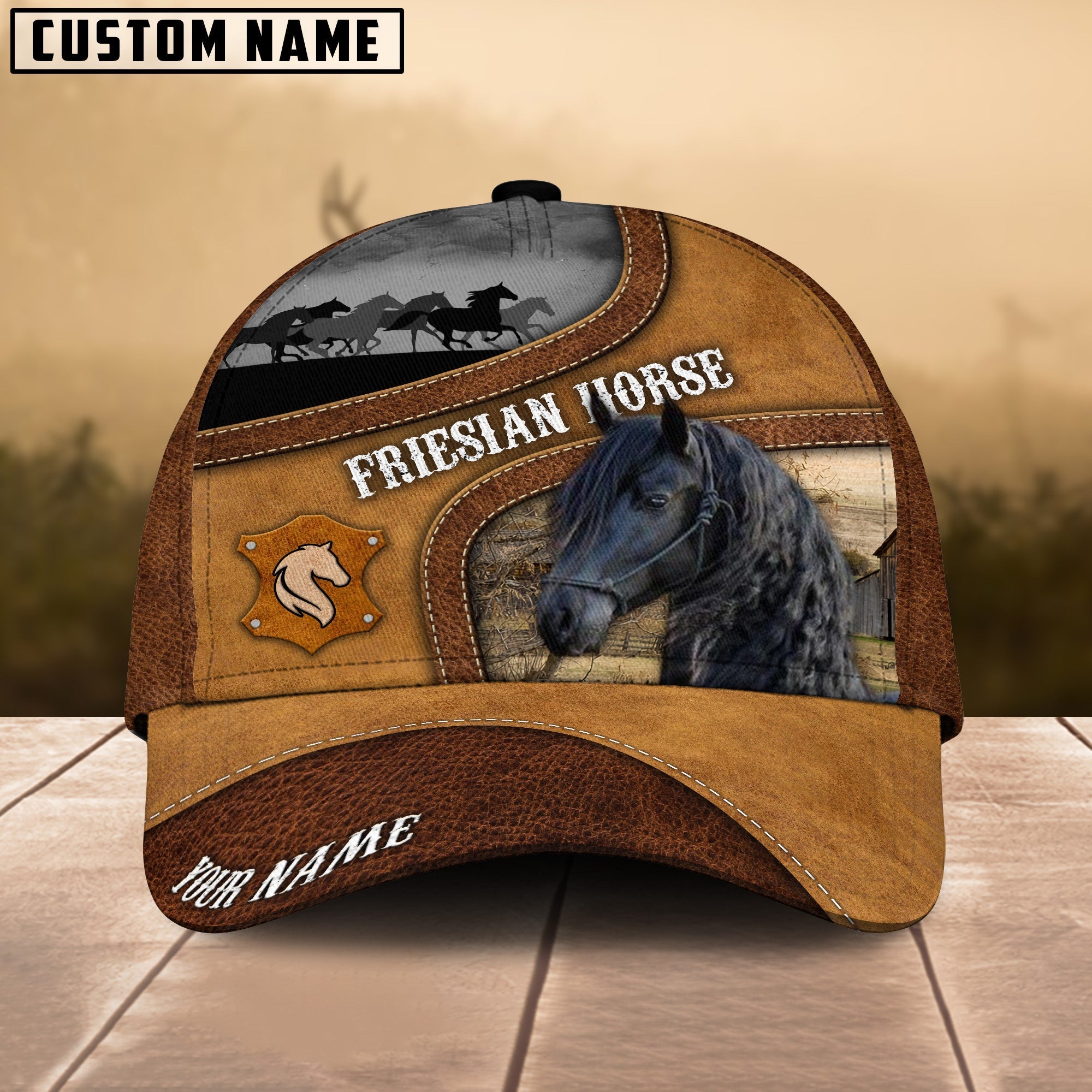 Friesian Brown Curved Leather Pattern Personalized Name Cap