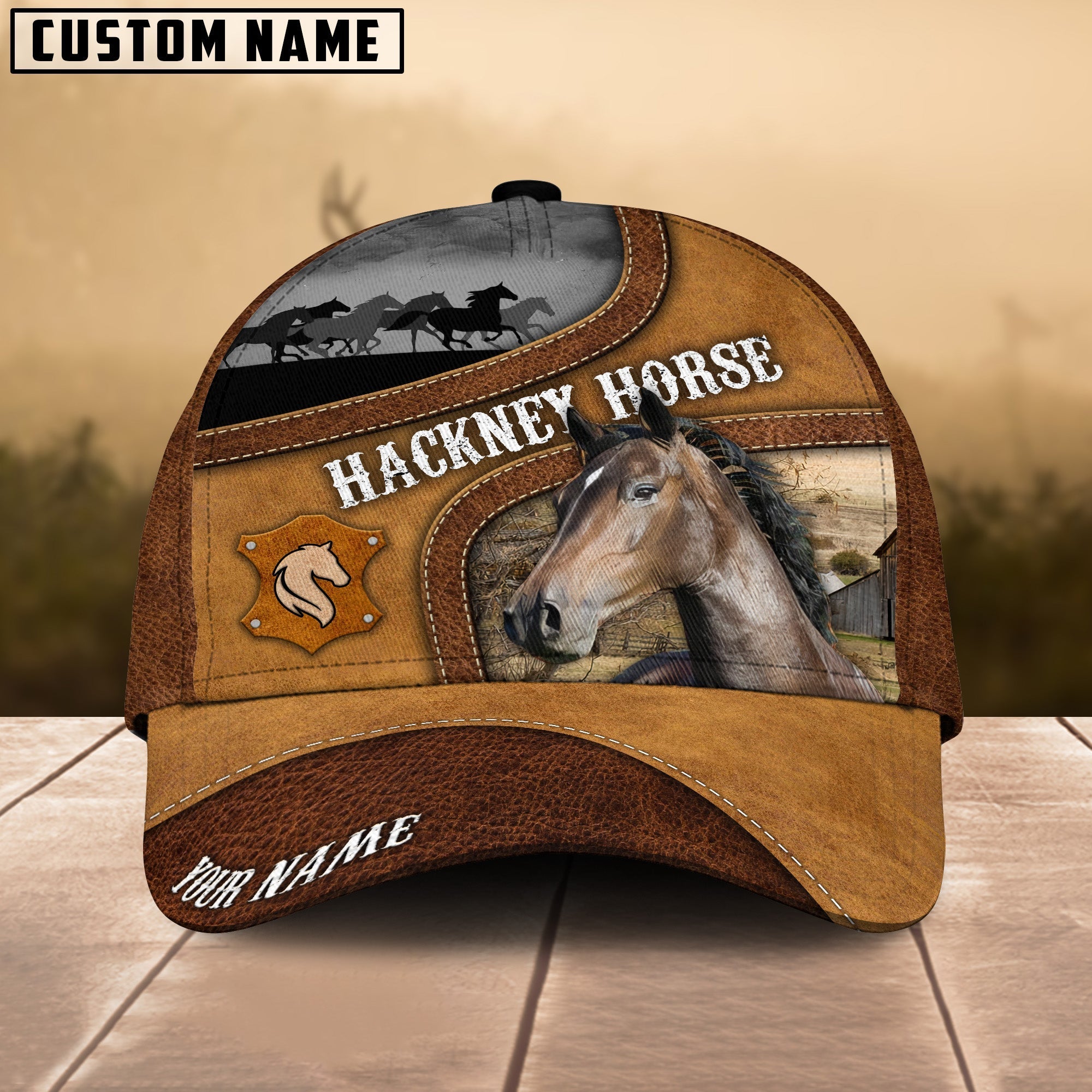 Hackney Brown Curved Leather Pattern Personalized Name Cap