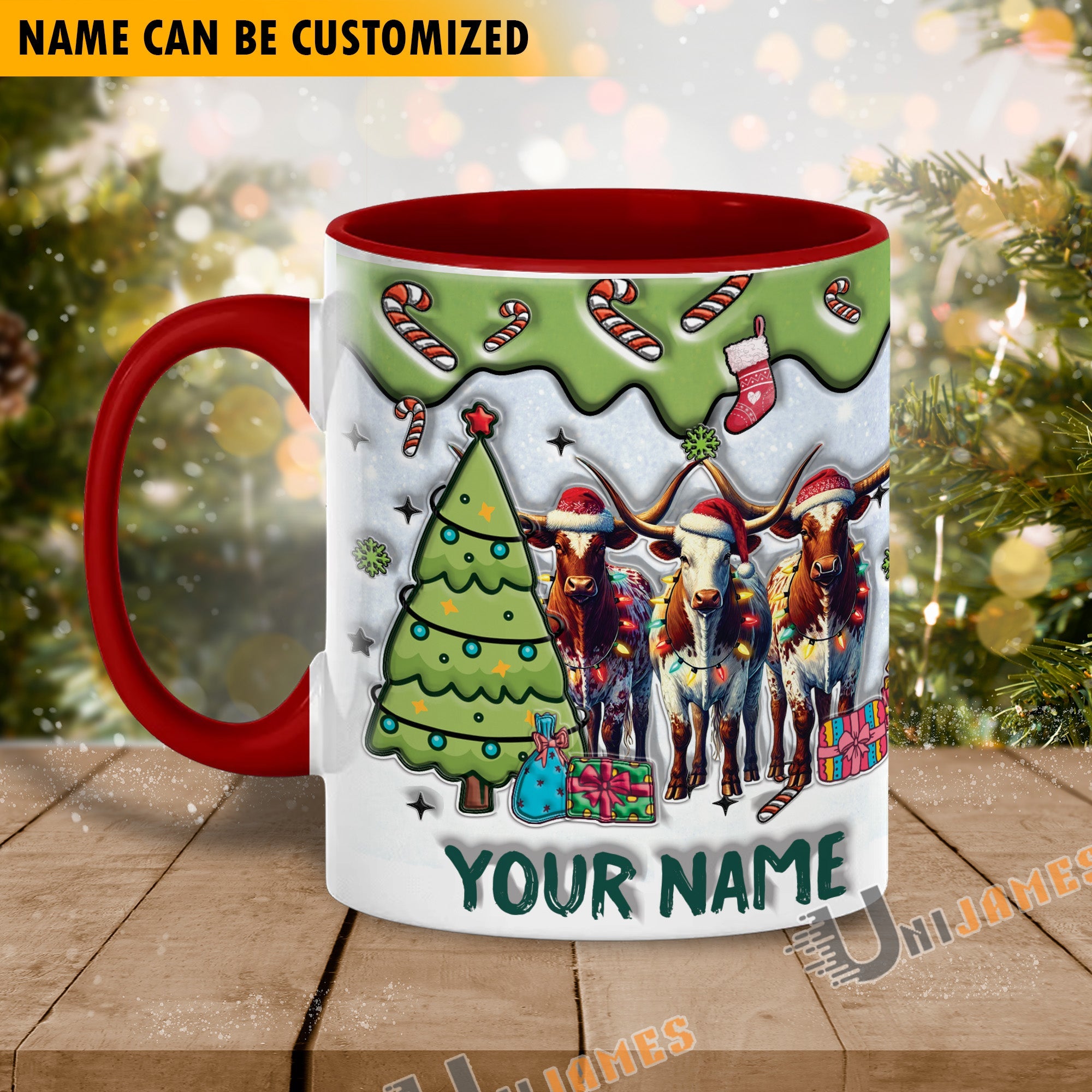 Texas Longhorn Christmas Personalized Name Two Tone Mug