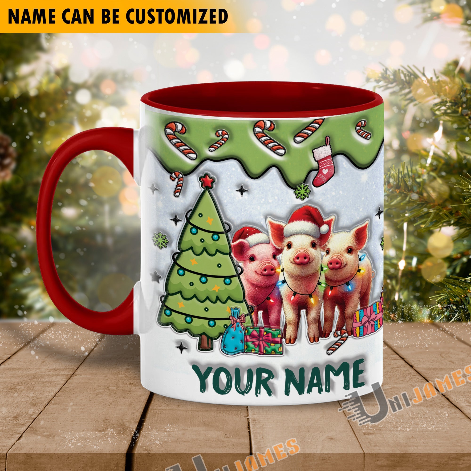 Pig Christmas Personalized Name Two Tone Mug