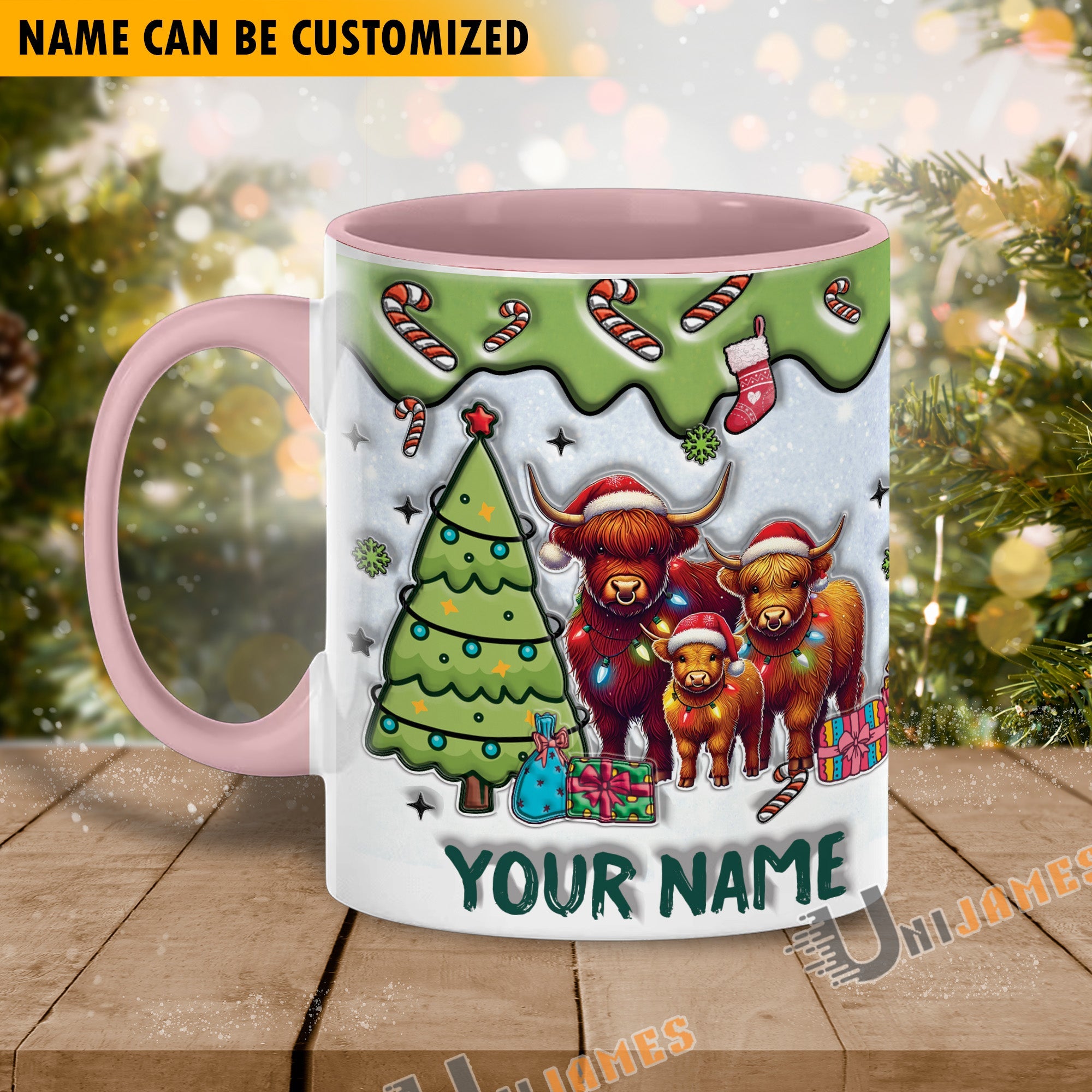 Highland Cattle Christmas Personalized Name Two Tone Mug