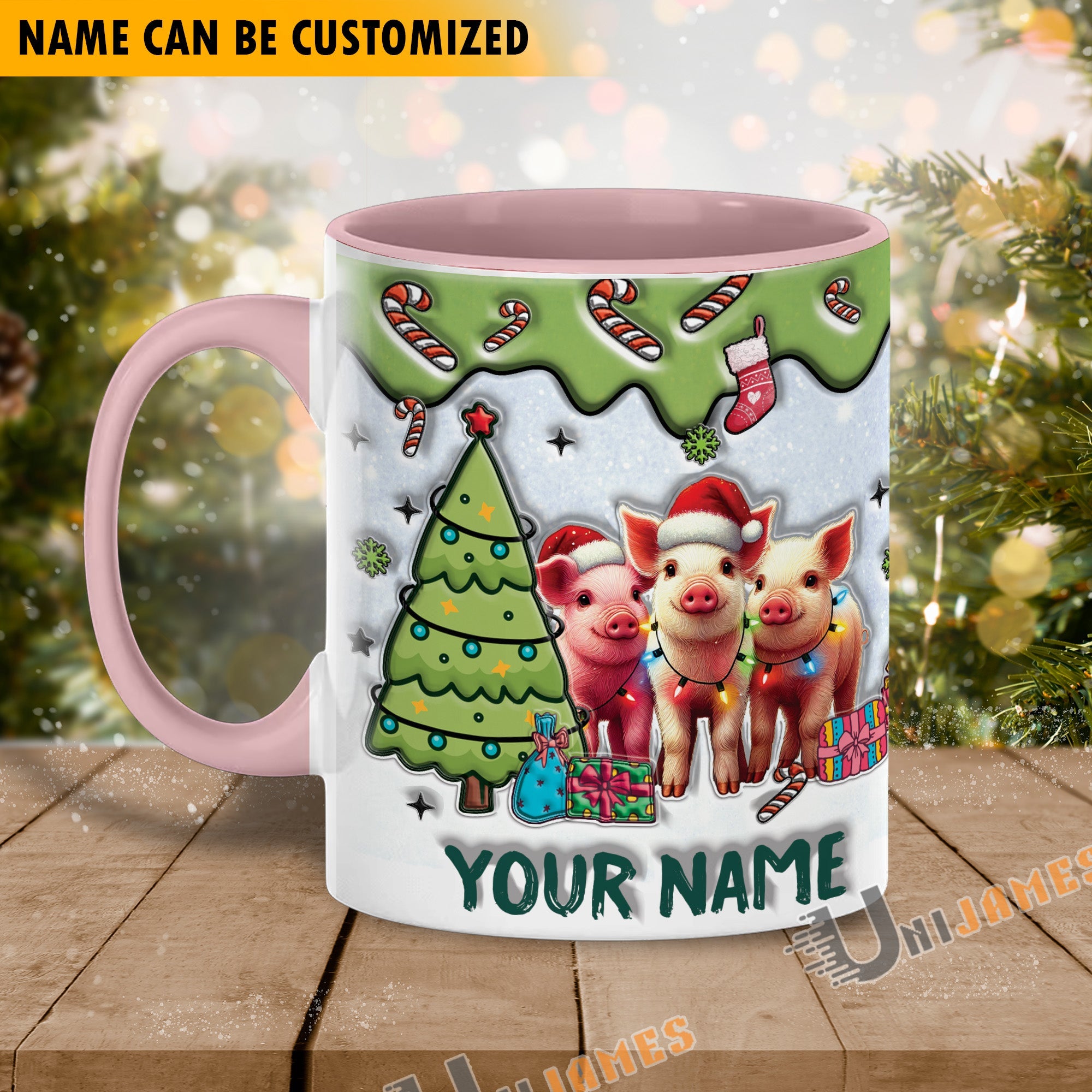Pig Christmas Personalized Name Two Tone Mug