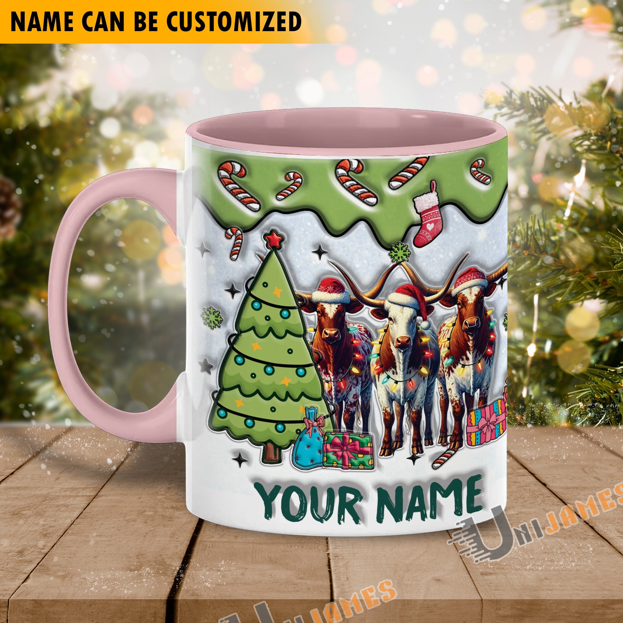 Texas Longhorn Christmas Personalized Name Two Tone Mug