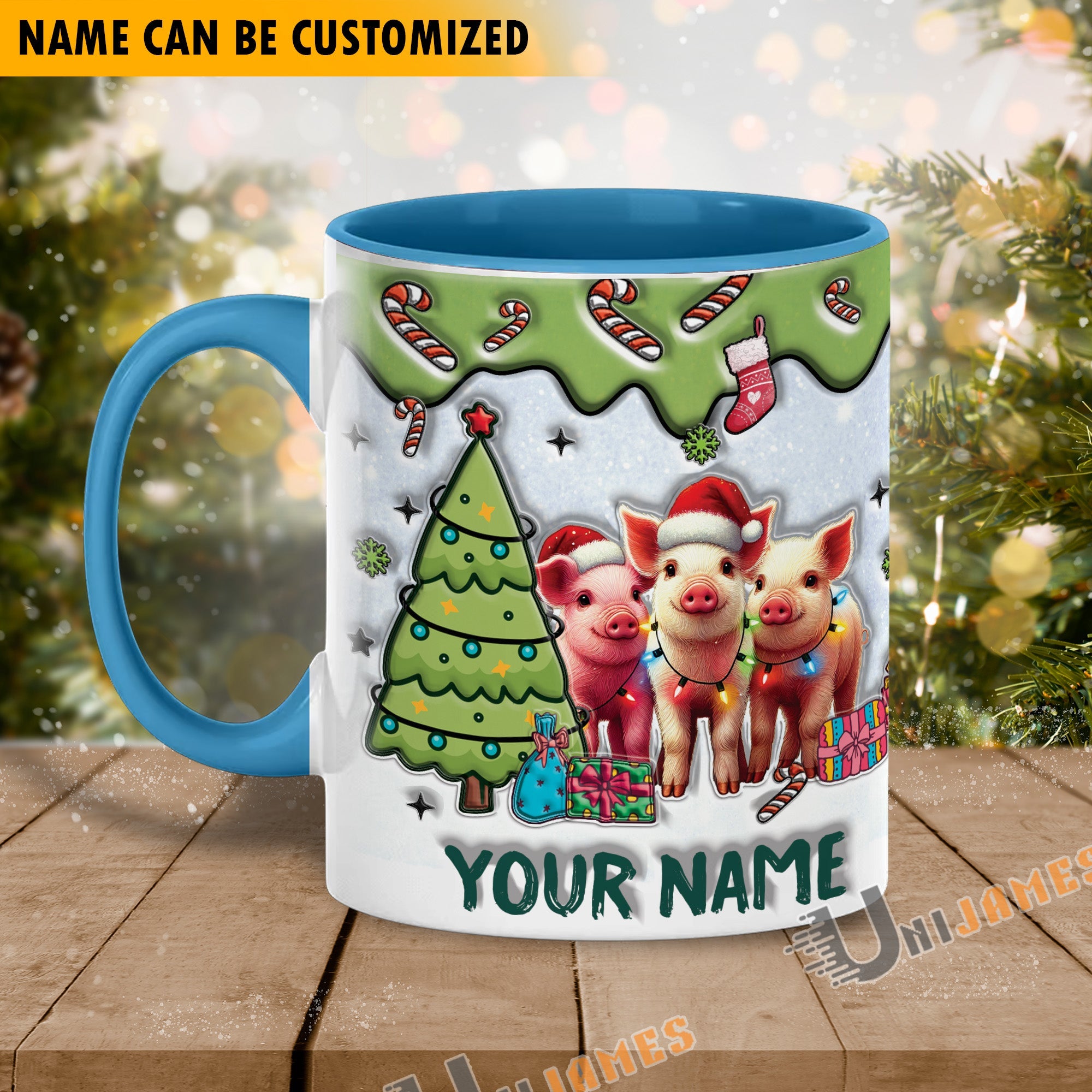 Pig Christmas Personalized Name Two Tone Mug