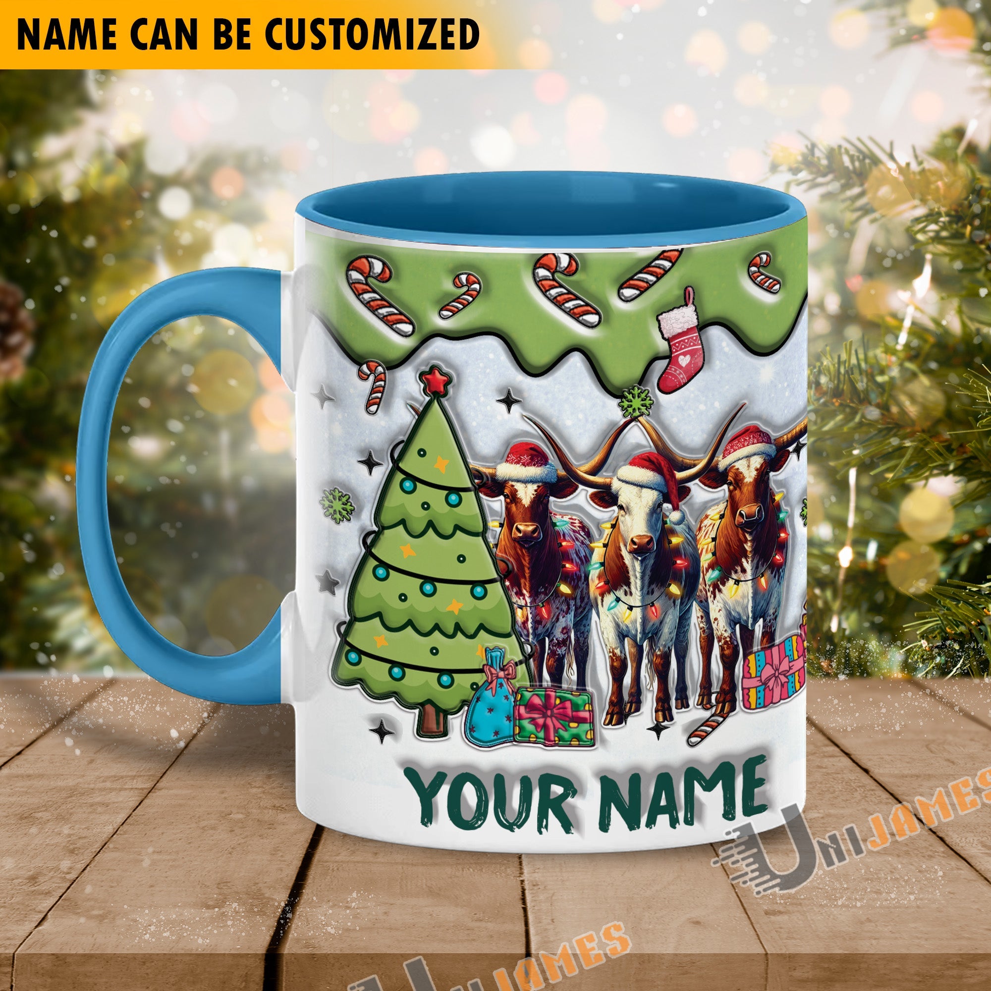 Texas Longhorn Christmas Personalized Name Two Tone Mug