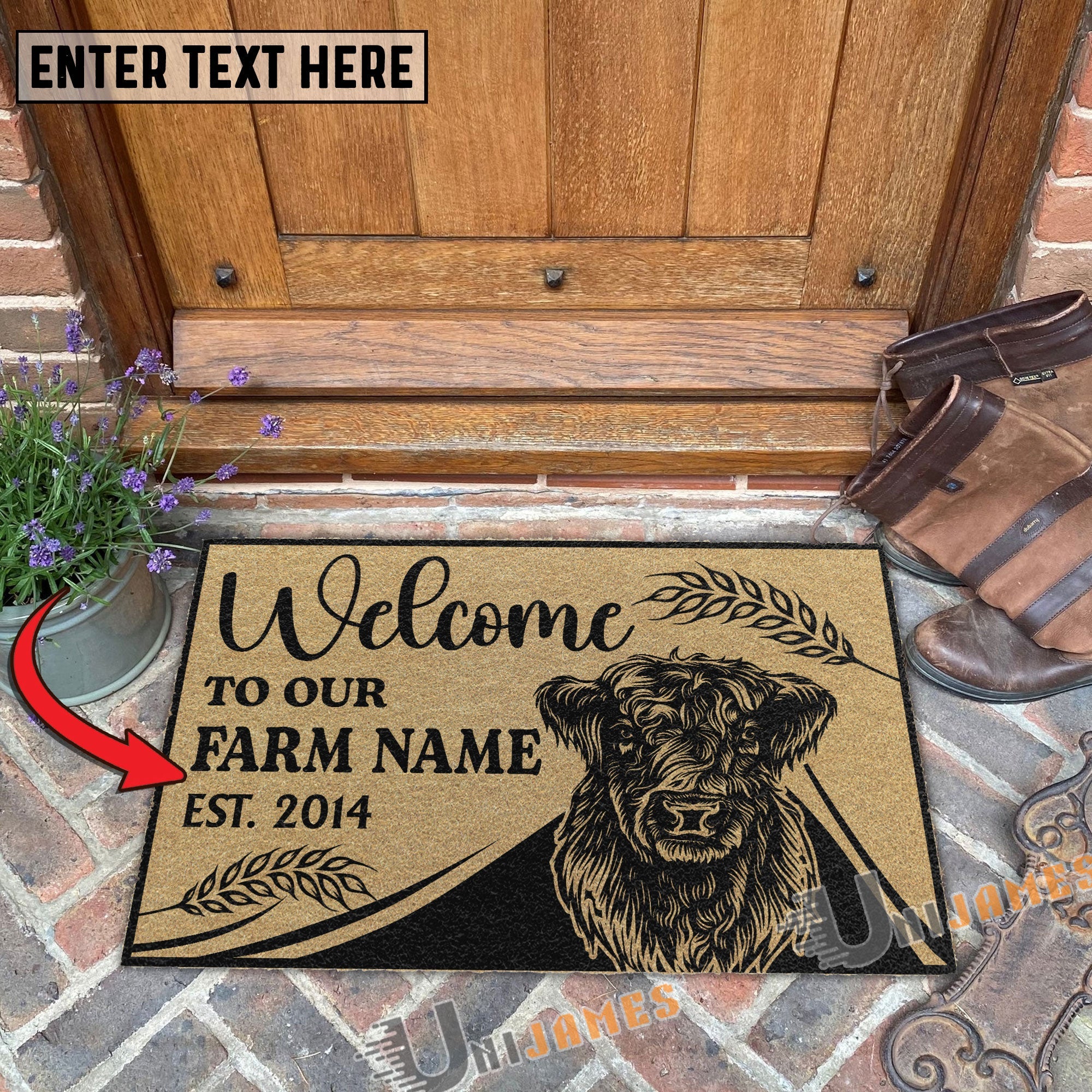 Belted Galloway Peekaboo Custom Farm Name Custom Year Coir Doormat