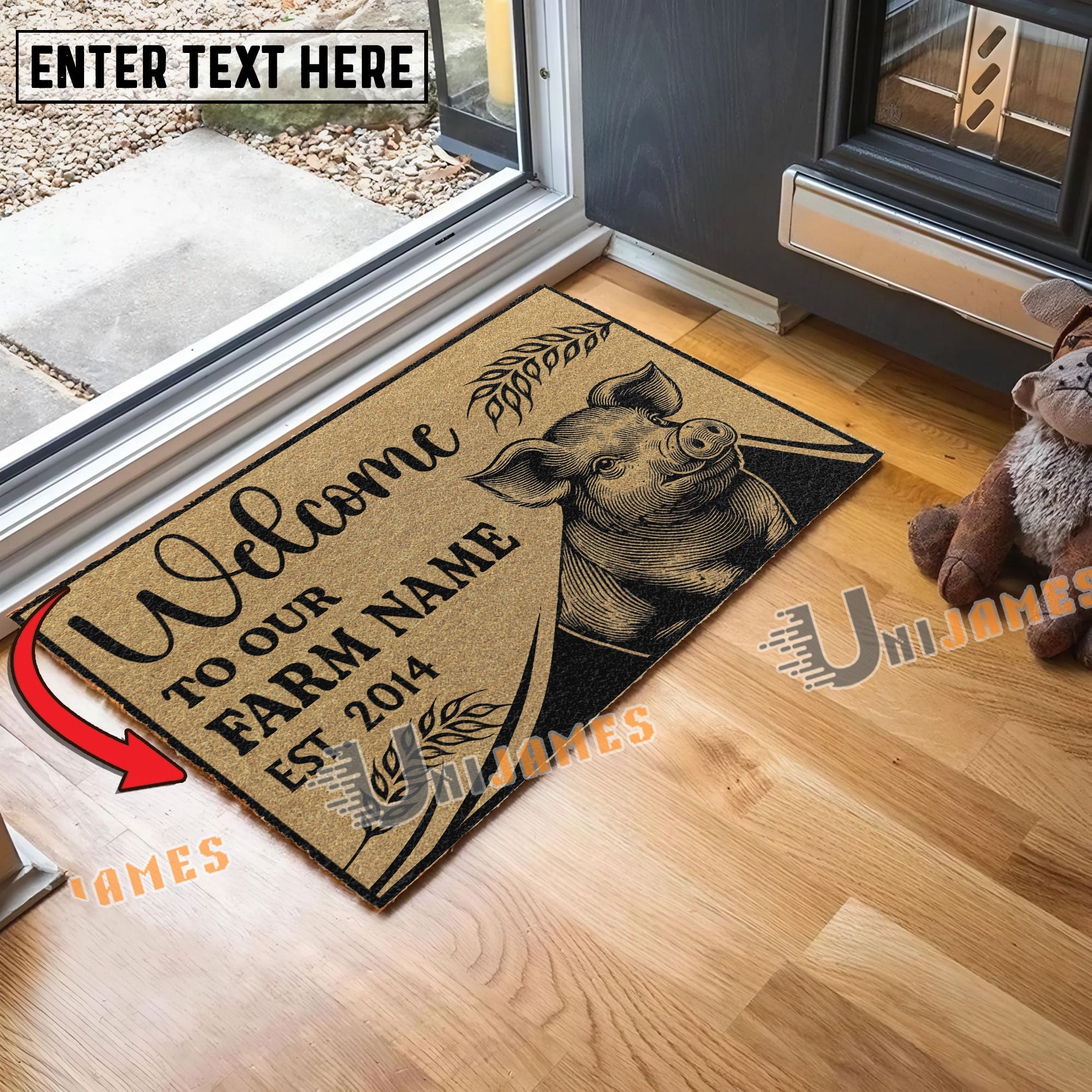 Pig Peekaboo Custom Farm Name Custom Year Coir Doormat