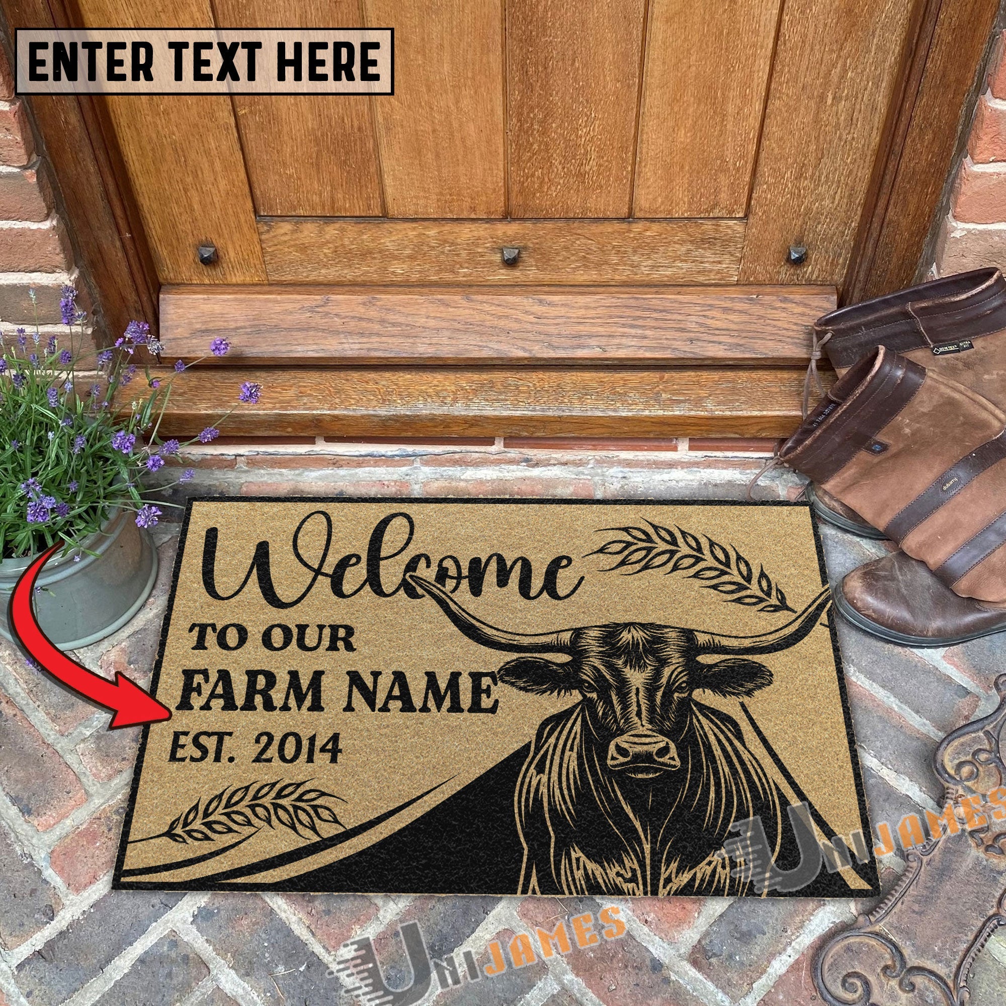 TX Longhorn Peekaboo Custom Farm Name Custom Year Coir Doormat