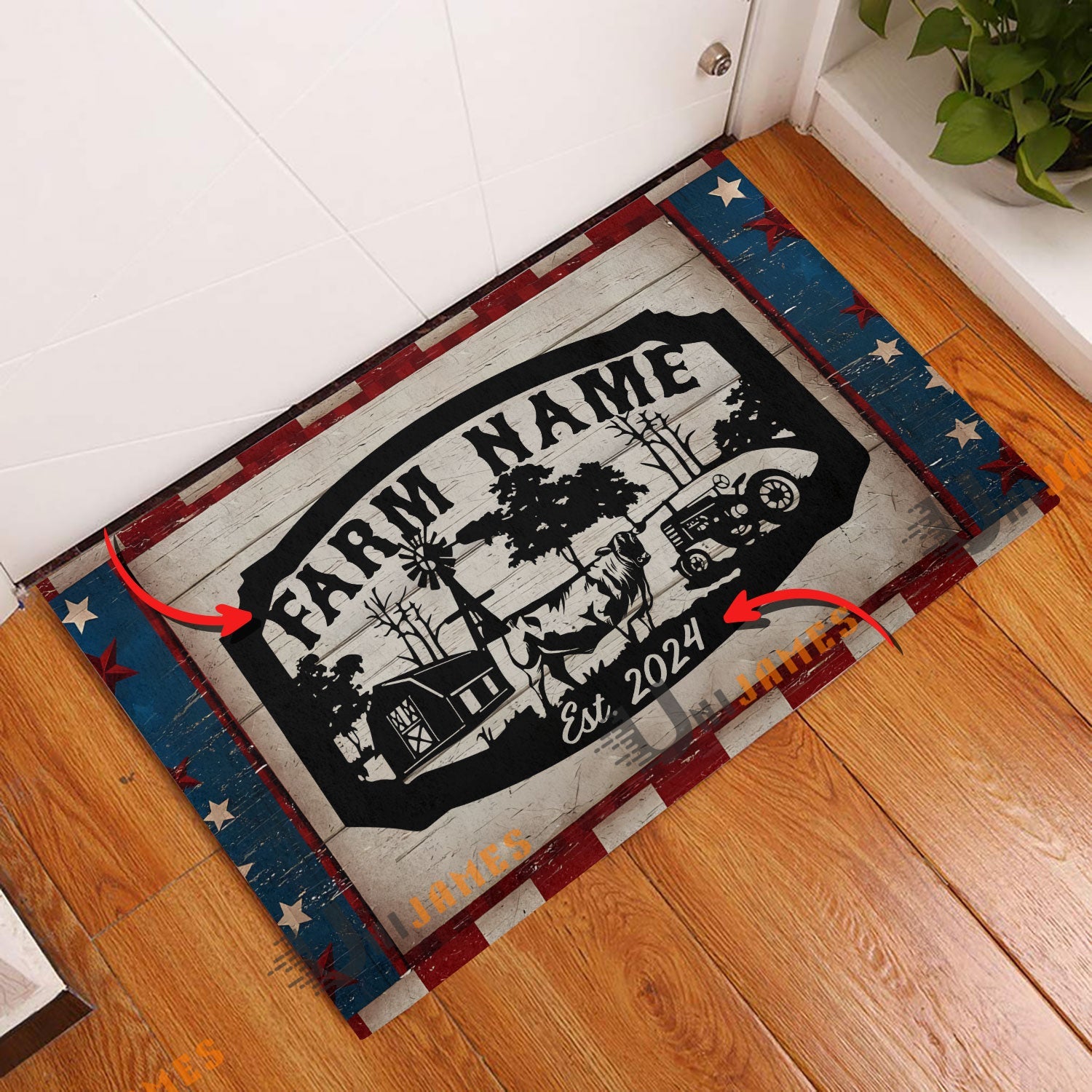 Black Angus Red Blue Star Custom Farm Name And Year Doormat