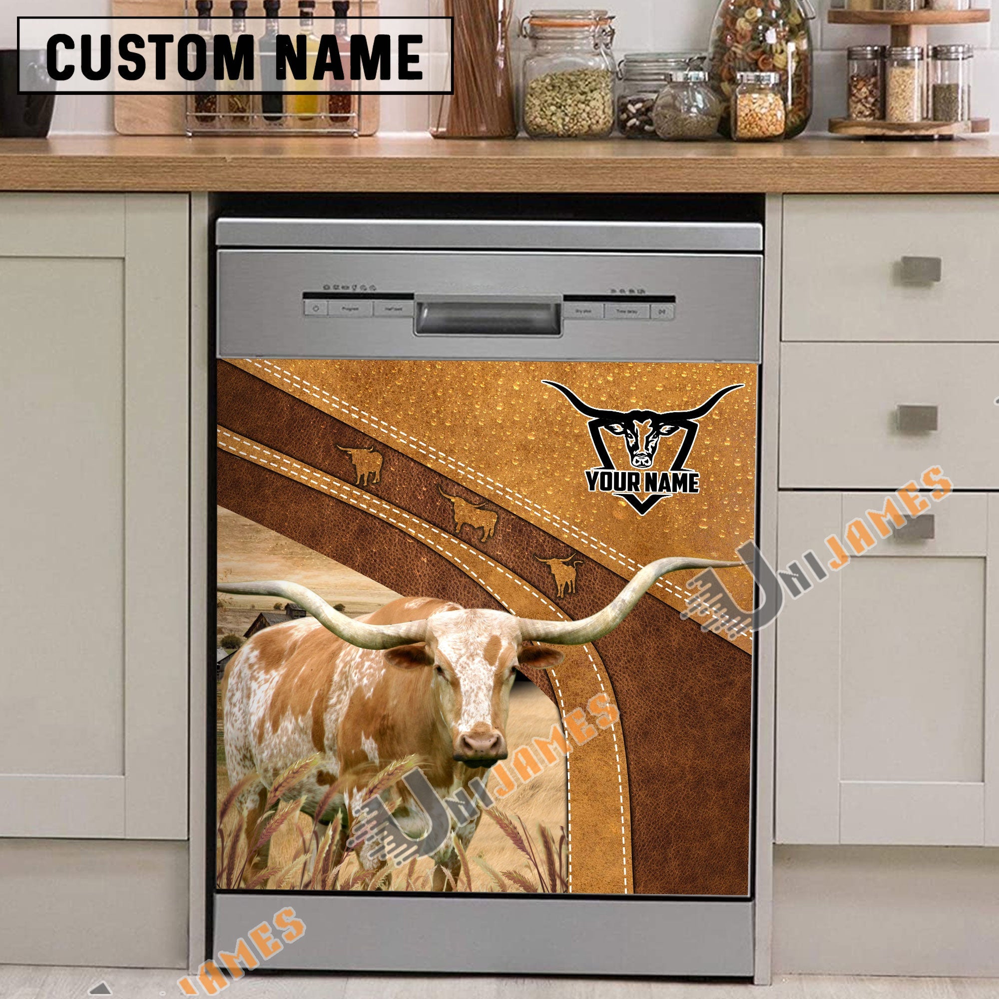 Texas Longhorn Brown Custom Name Dishwasher Door Cover