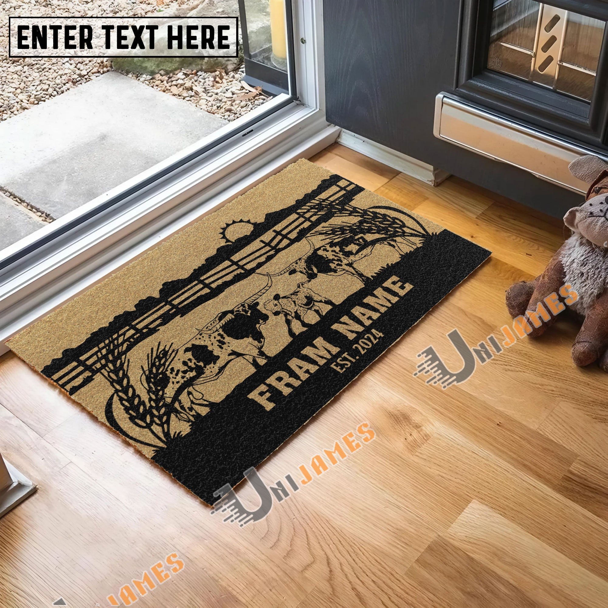 Texas Longhorn Sunshine Field Custom Farm Name Custom Year Coir Doormat