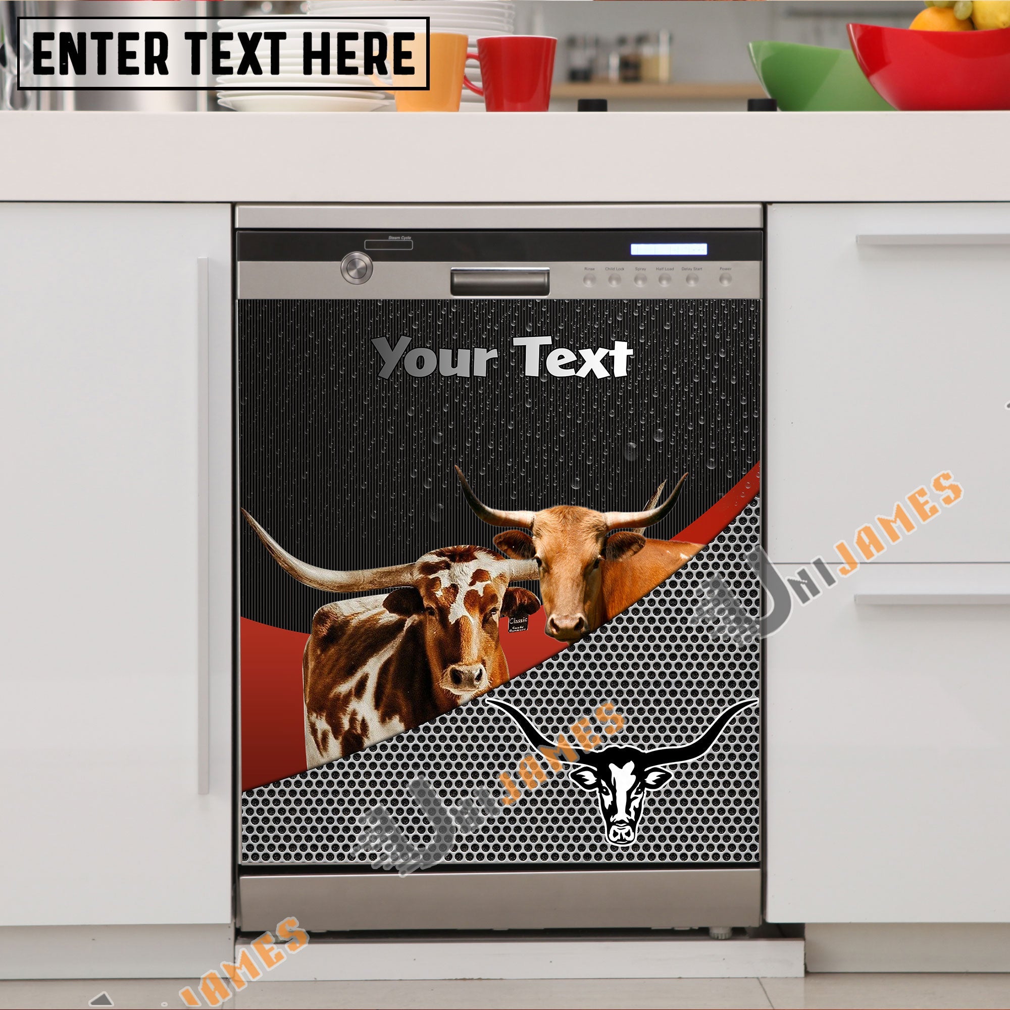 Texas Longhorn Cattle Metal Pattern Custom Name Dishwasher Door Cover