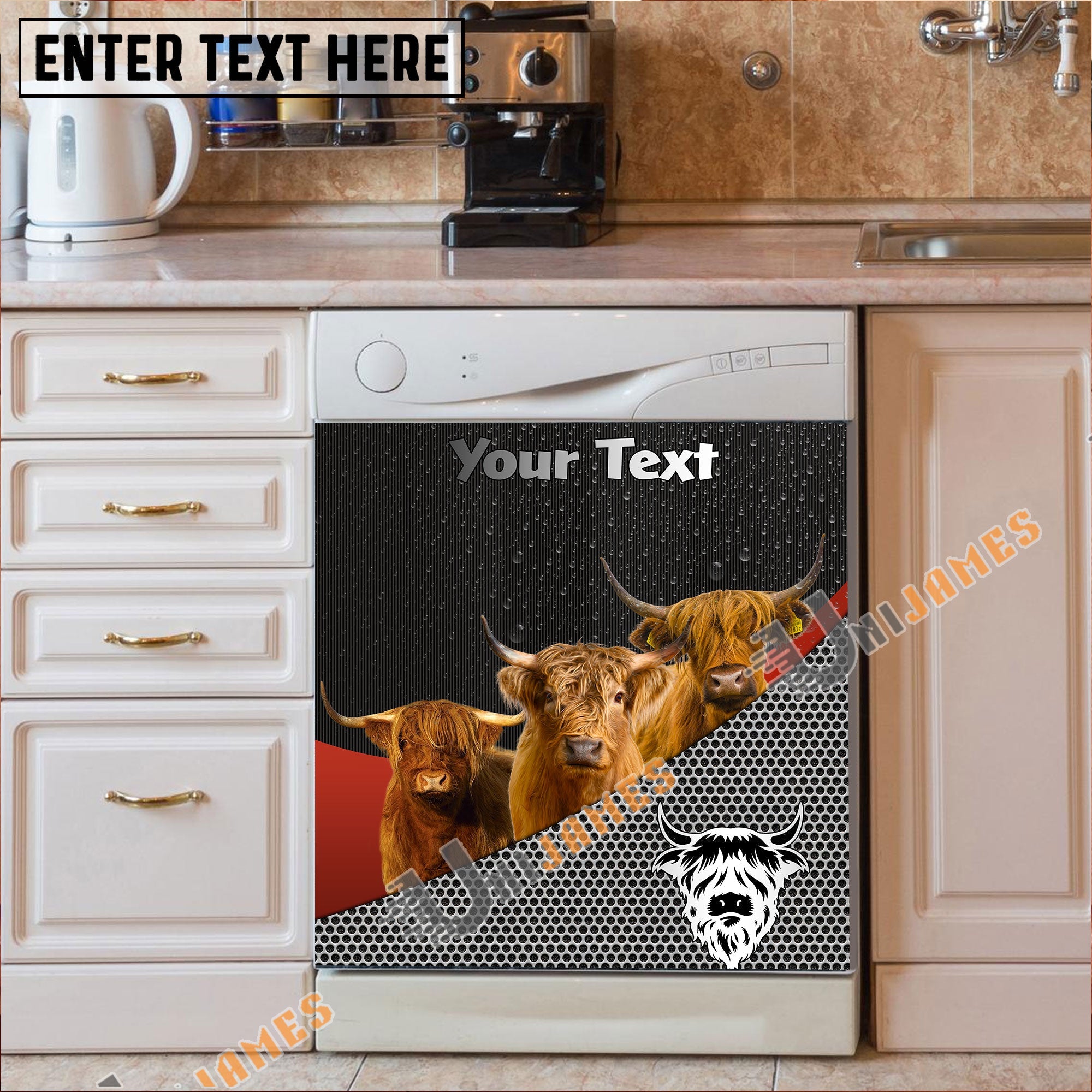 Highland Cattle Metal Pattern Custom Name Dishwasher Door Cover