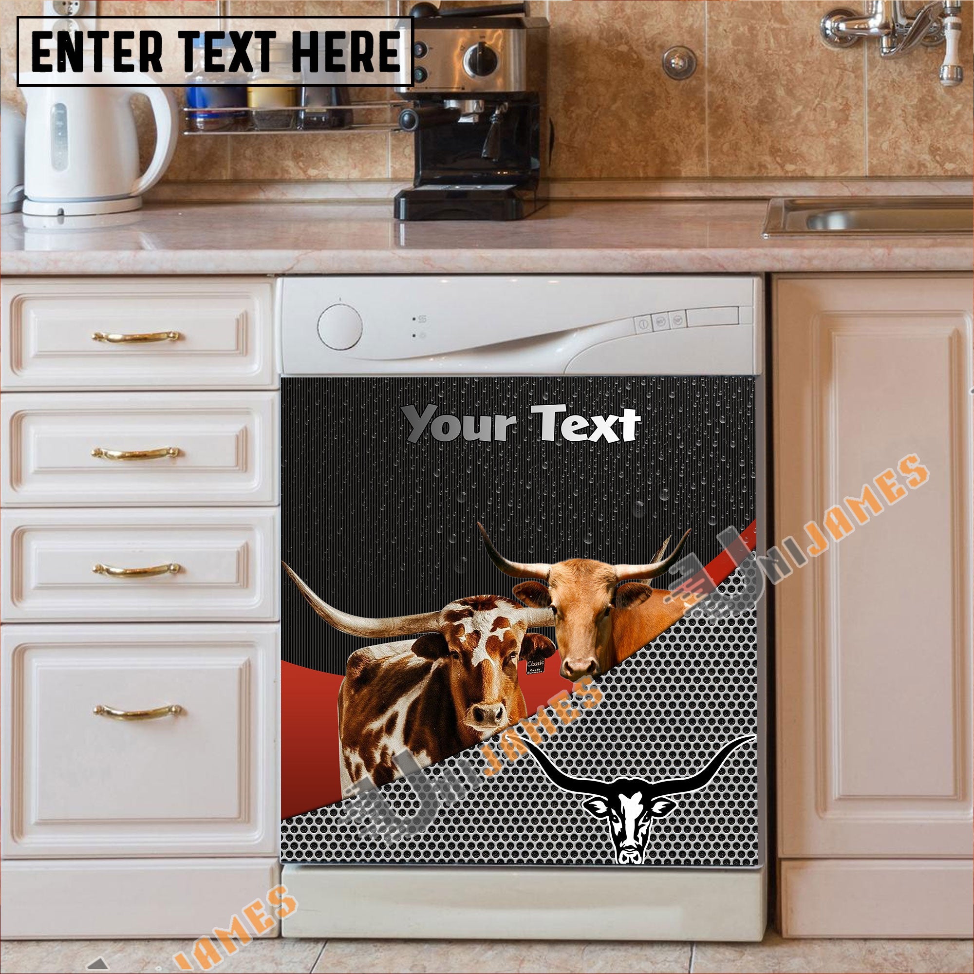 Texas Longhorn Cattle Metal Pattern Custom Name Dishwasher Door Cover