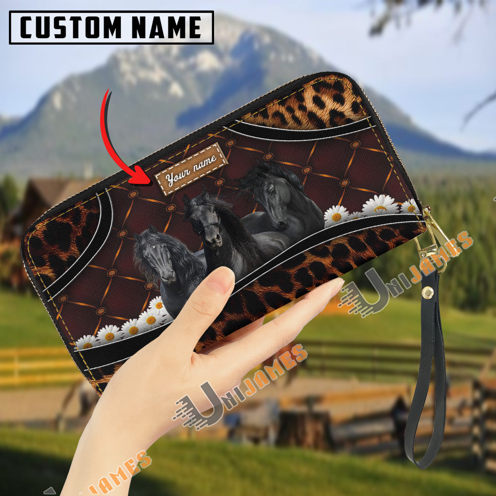 Friesian Happiness Sunflower Custom Name 3D Leather Clutch