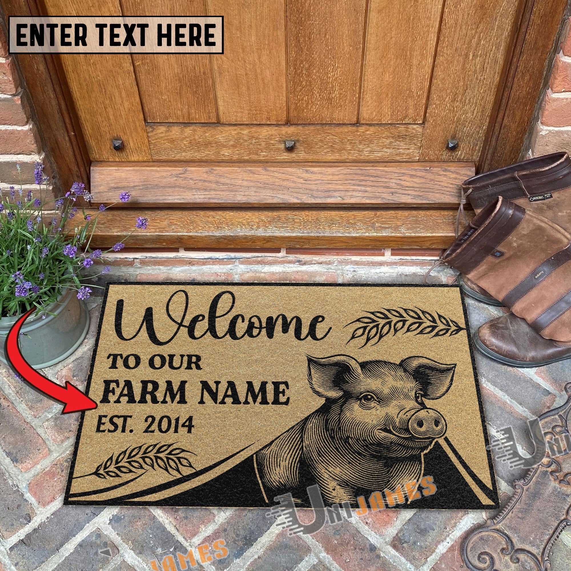 Pig Peekaboo Custom Farm Name Custom Year Coir Doormat