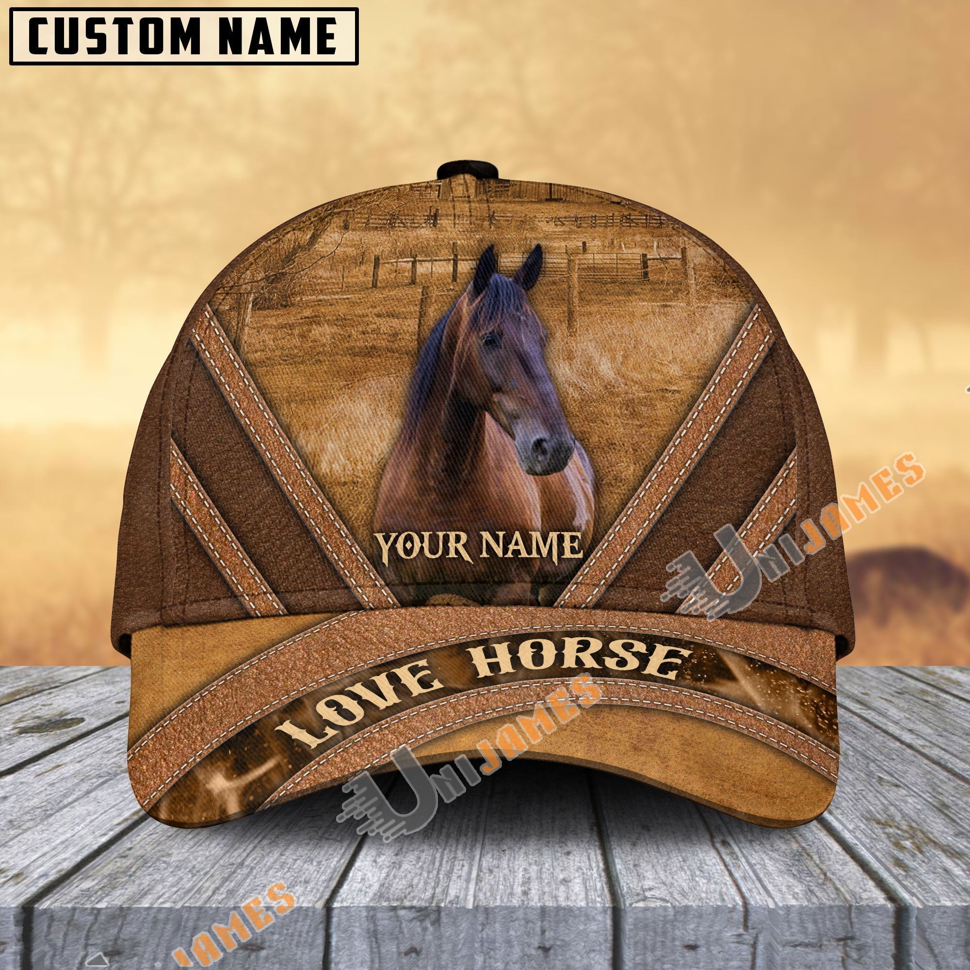 Standardbred Horse Brown Leather Pattern Personalized Name Cap