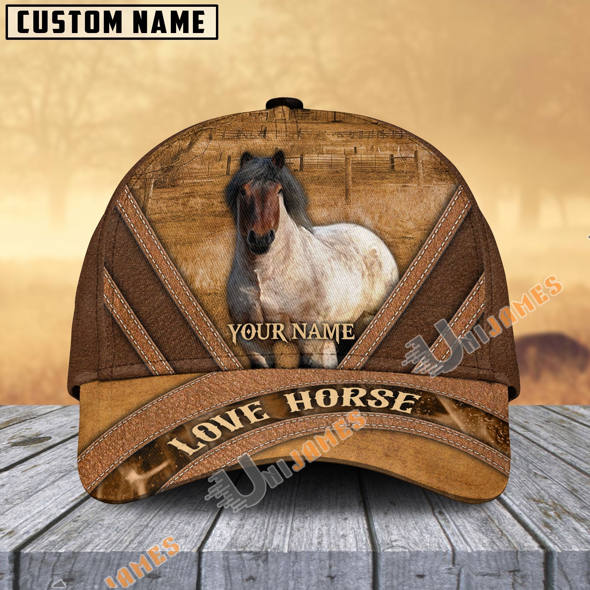 Draft Horse Brown Leather Pattern Personalized Name Cap