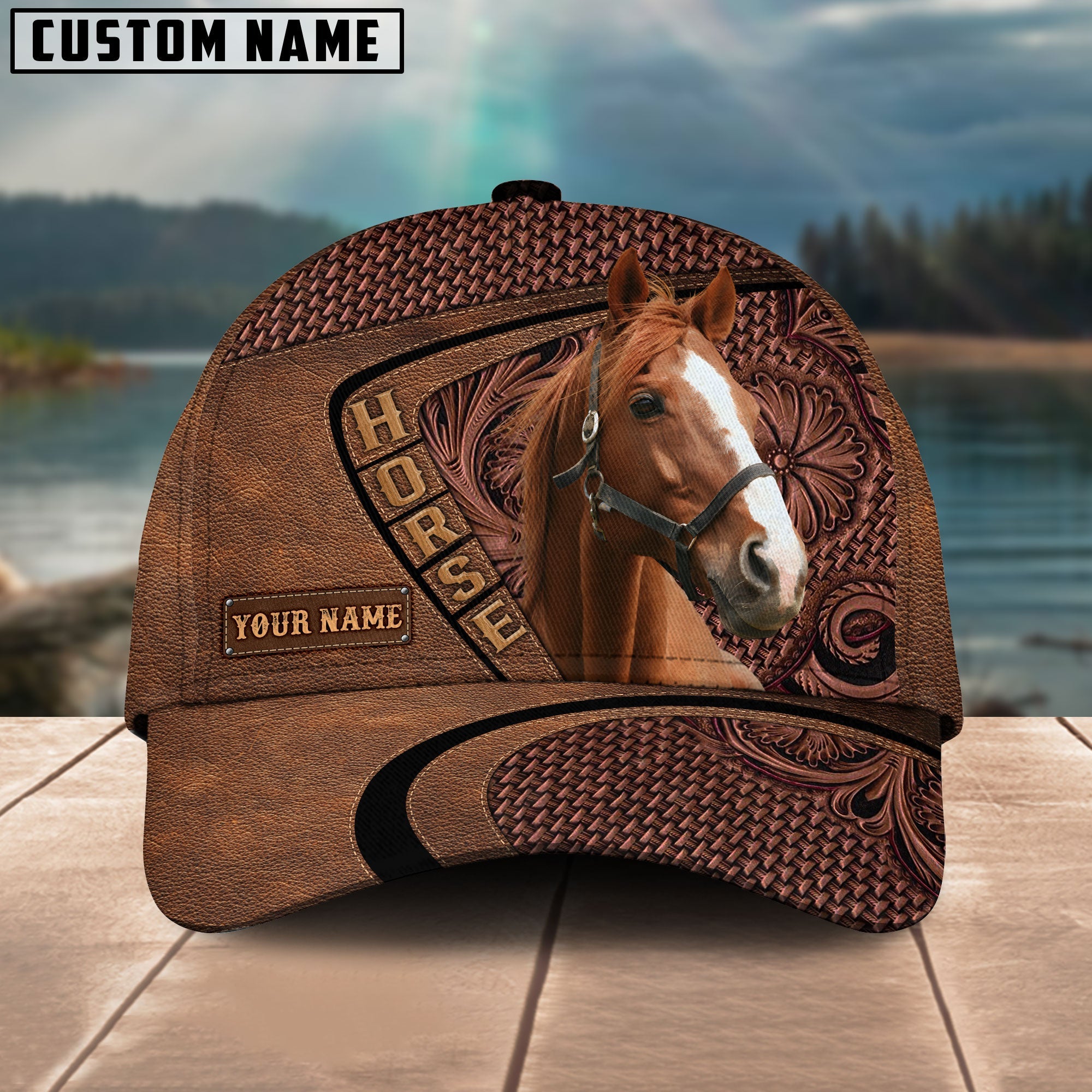 Thoroughbred Horse Carving Leather Pattern Personalized Name Cap