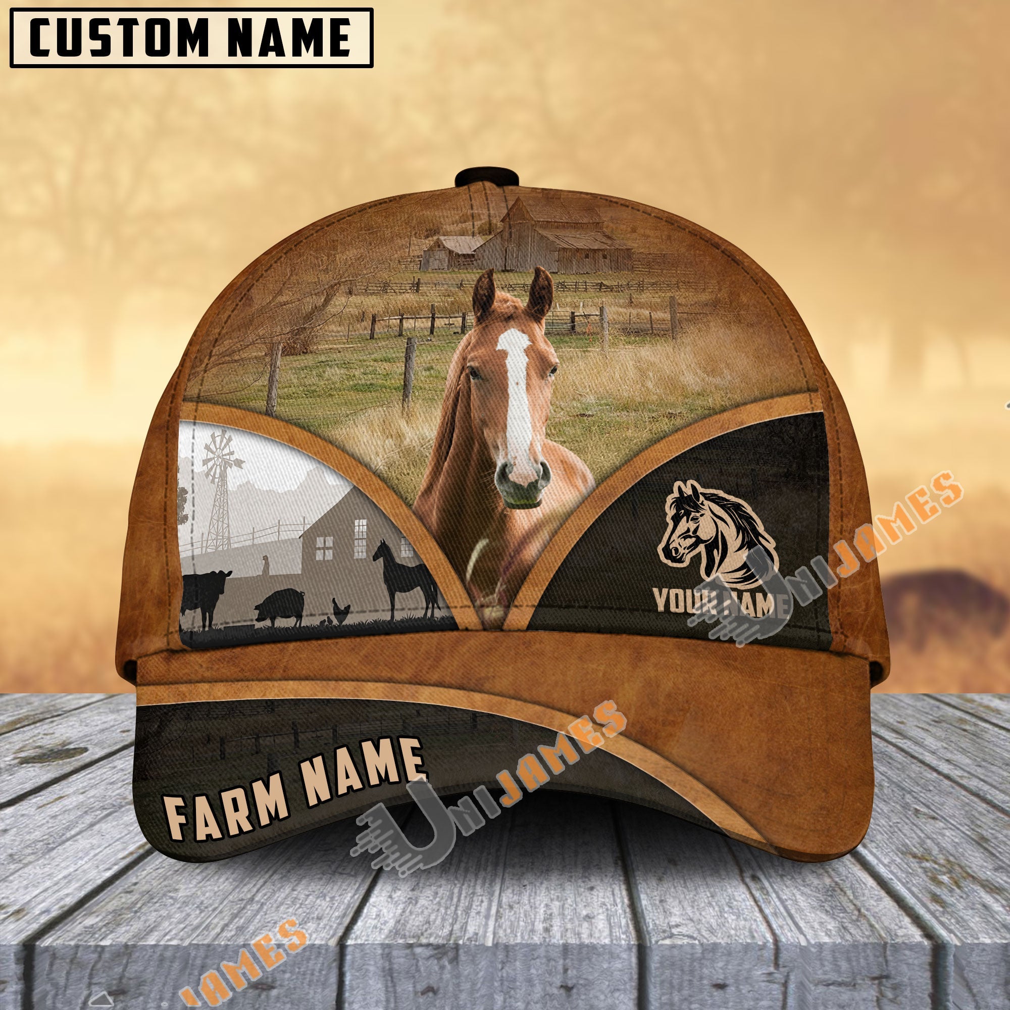 Horse Farm Country Customized Name Brown Leather Pattern Cap
