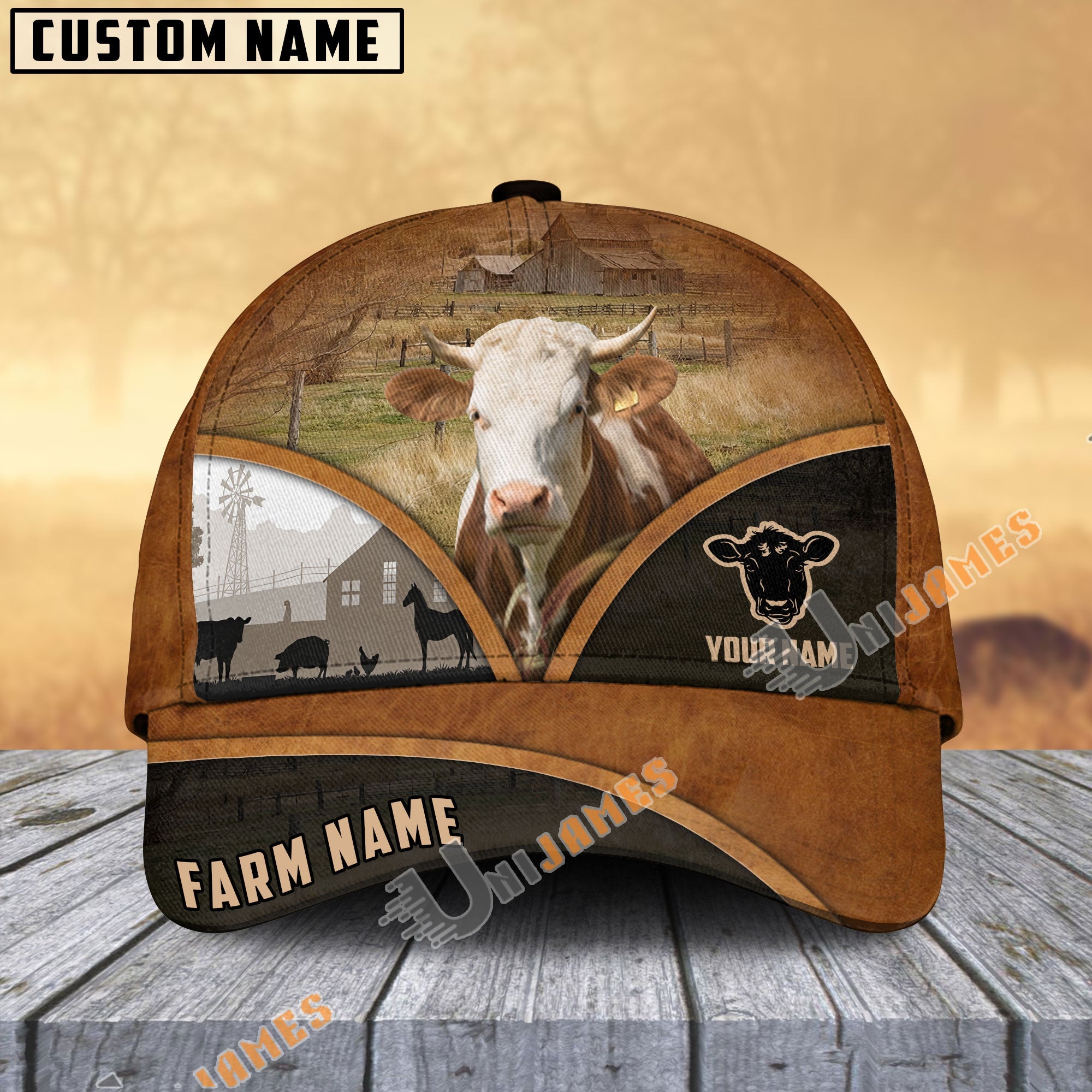 Simmental Farm Country Customized Name Brown Leather Pattern Cap