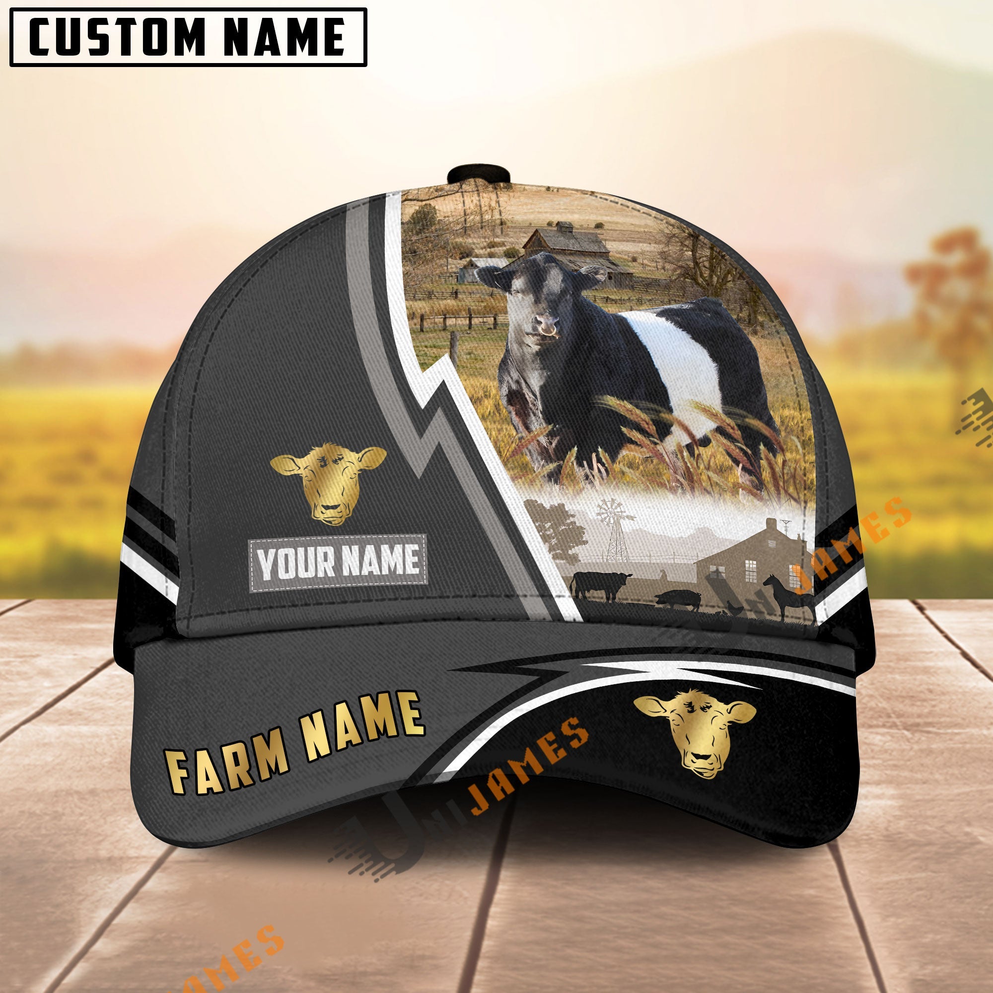 Belted Galloway Black White Country Customized Name Brown Leather Pattern Cap