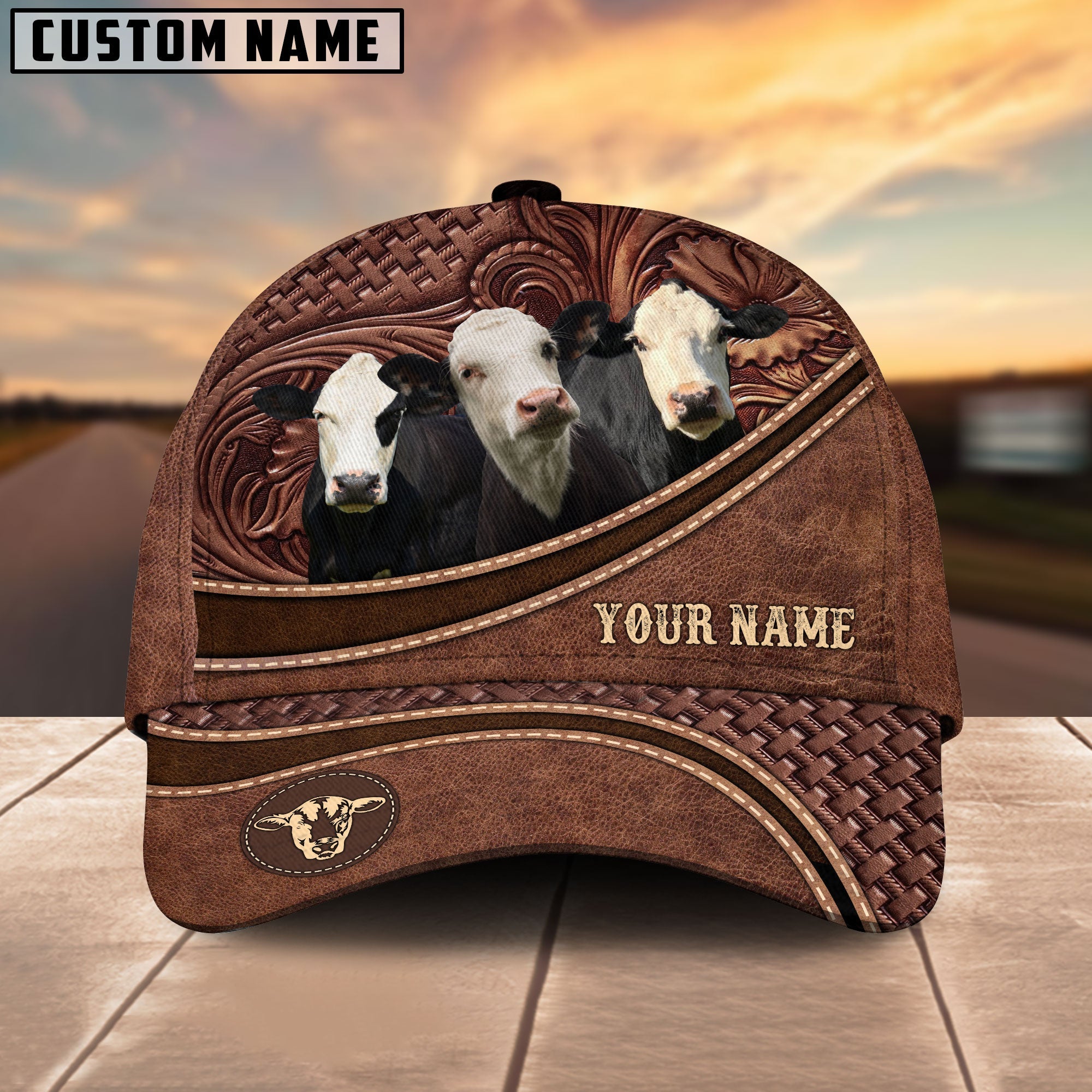 Black Baldy Personalized Name Brown Carving Leather Pattern 3D Classic Cap