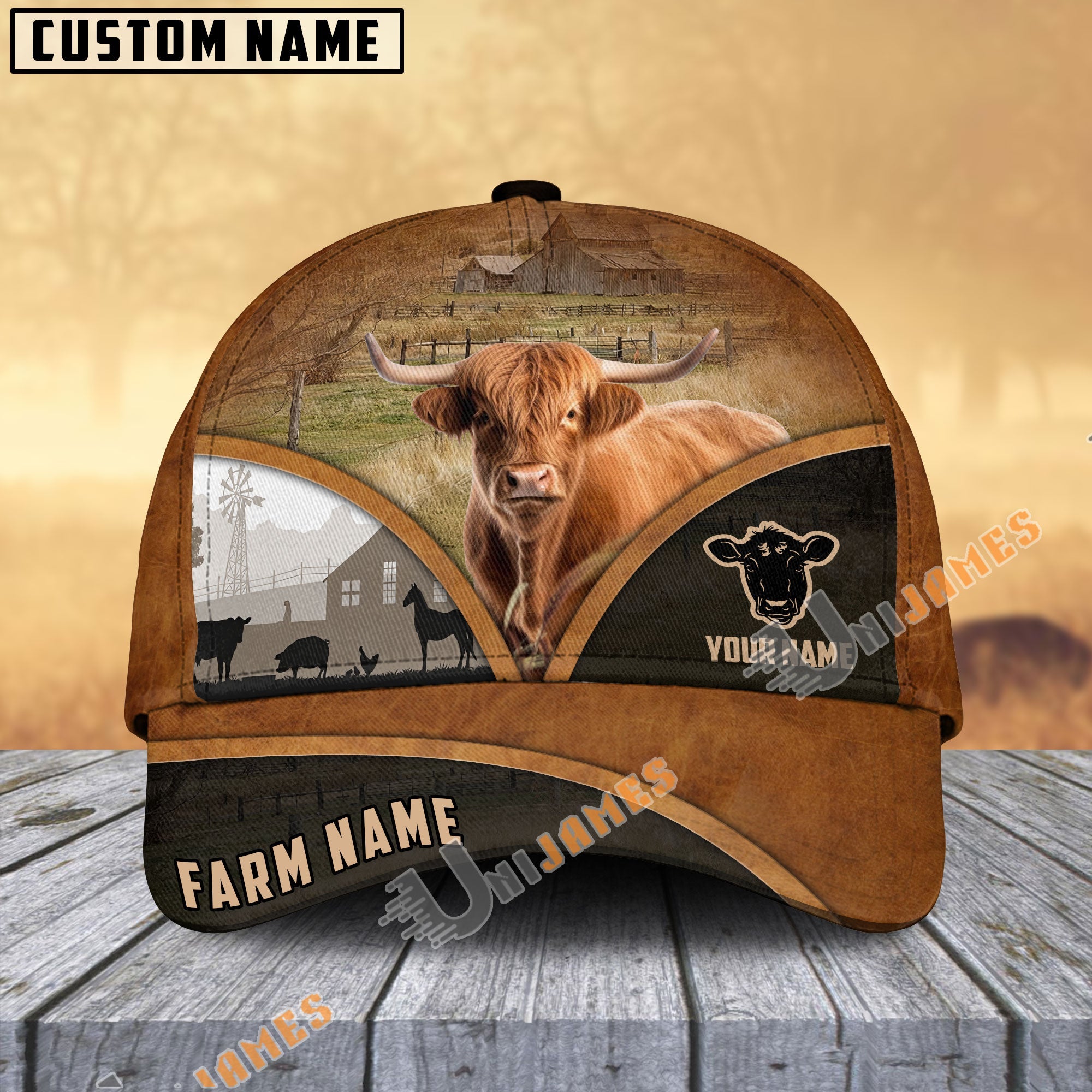 Highland Farm Country Customized Name Brown Leather Pattern Cap
