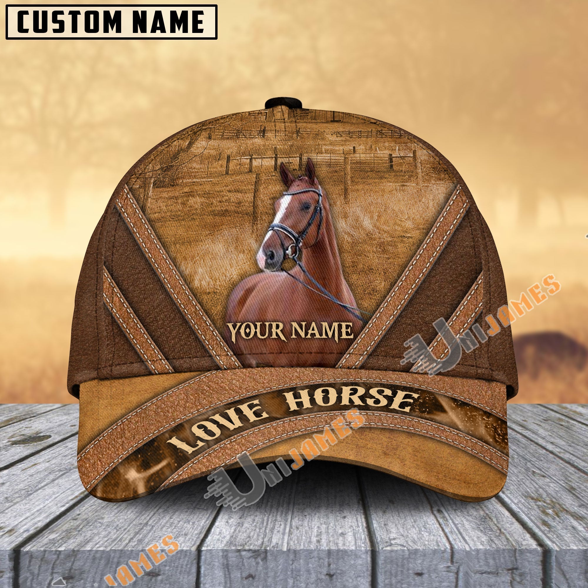 Warmbloods Horse Brown Leather Pattern Personalized Name Cap