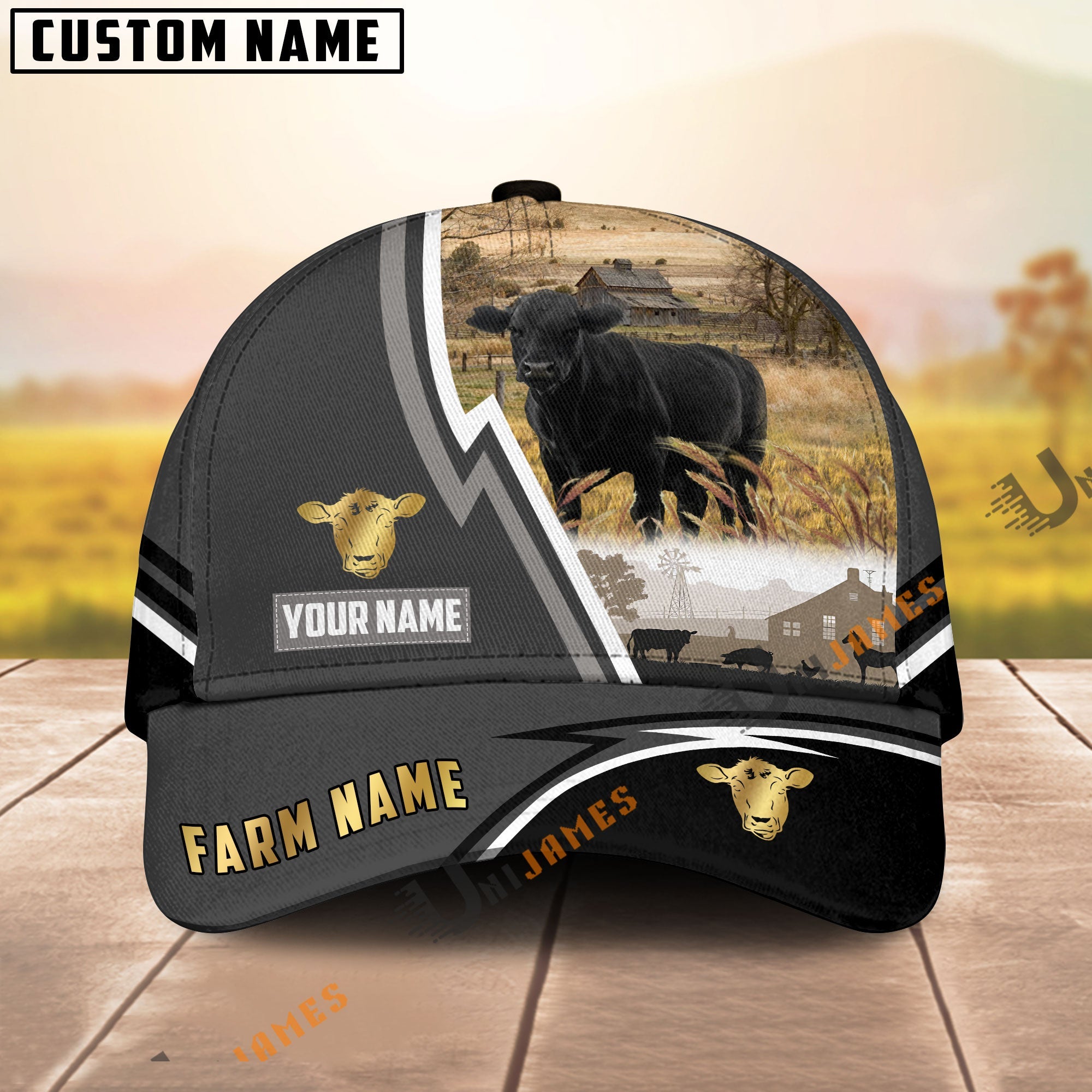 Black Angus Black White Country Customized Name Brown Leather Pattern Cap