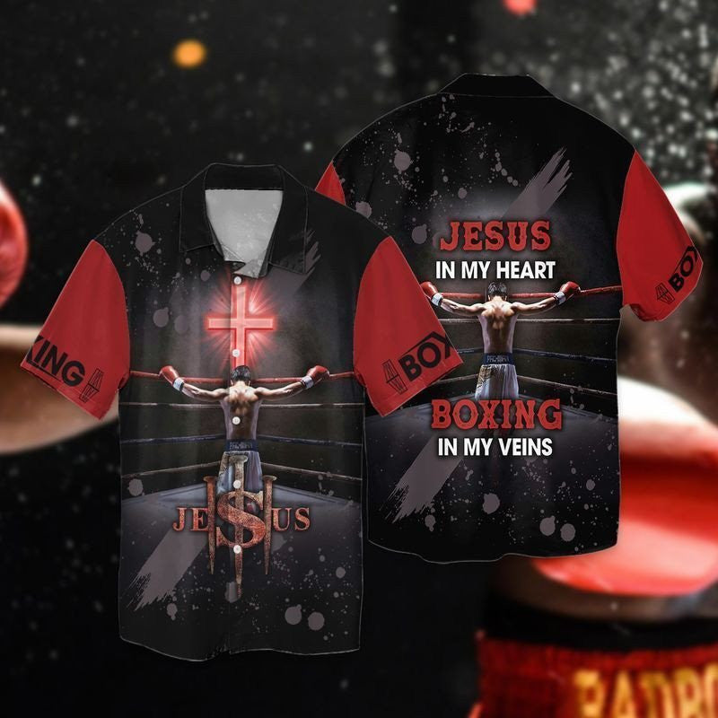 Jesus And Boxing Jesus In My Heart Boxing In My Veins Hawaiian Shirt - Christian Hawaiian Shirts For Men & Women