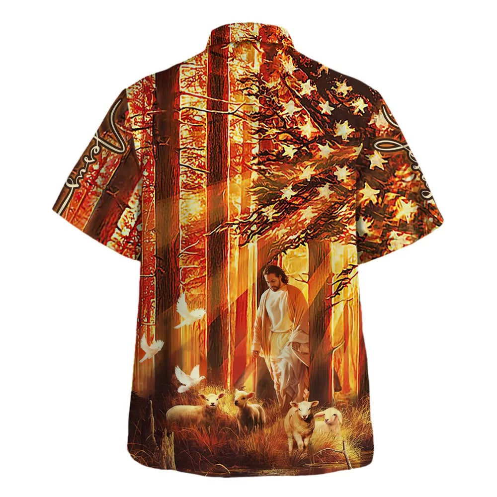 Jesus Walking In The Forest With The Sheep Hawaiian Shirt - Christian Hawaiian Shirt - Religious Hawaiian Shirts