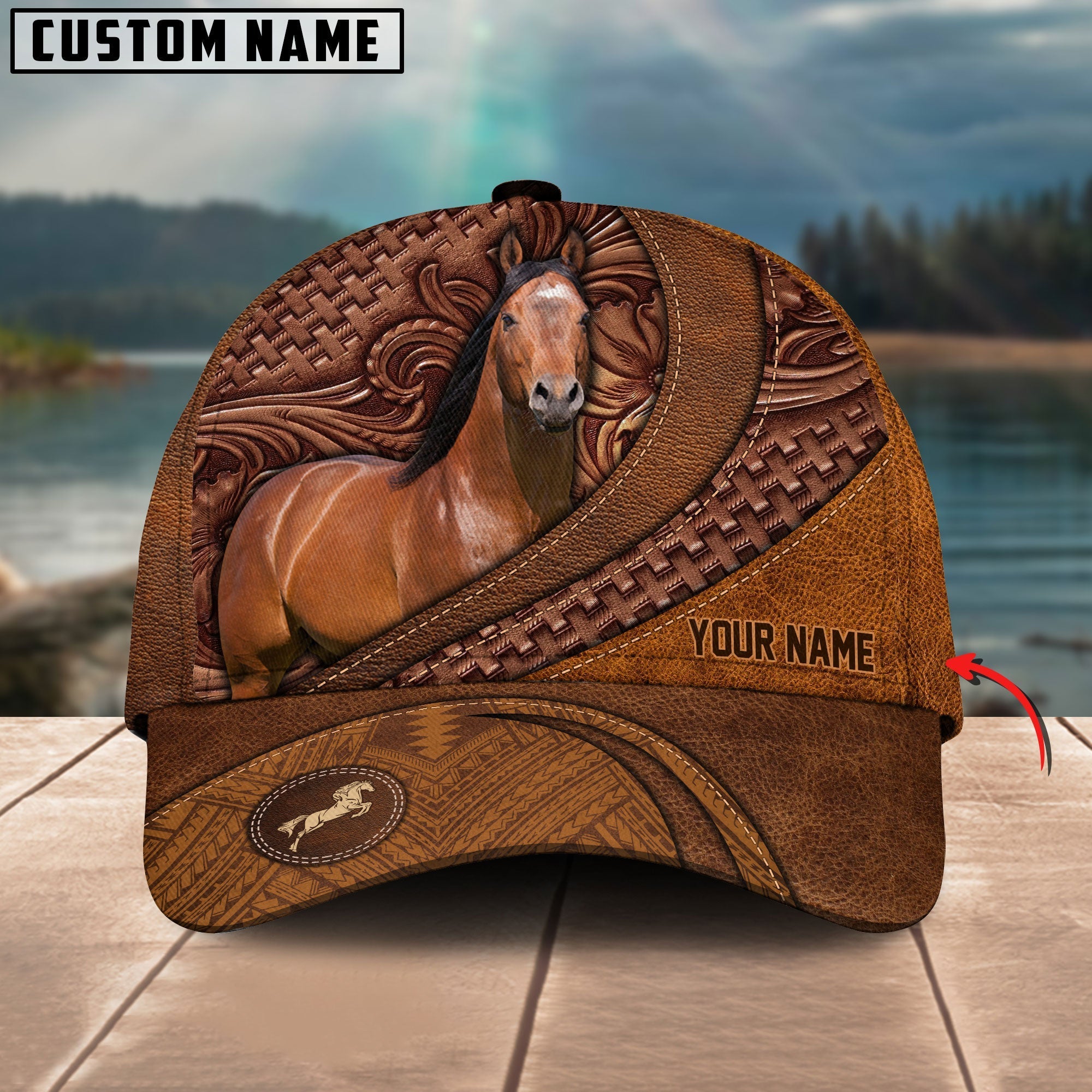 American Quarter Horse Carving Leather Pattern Custom Name Cap