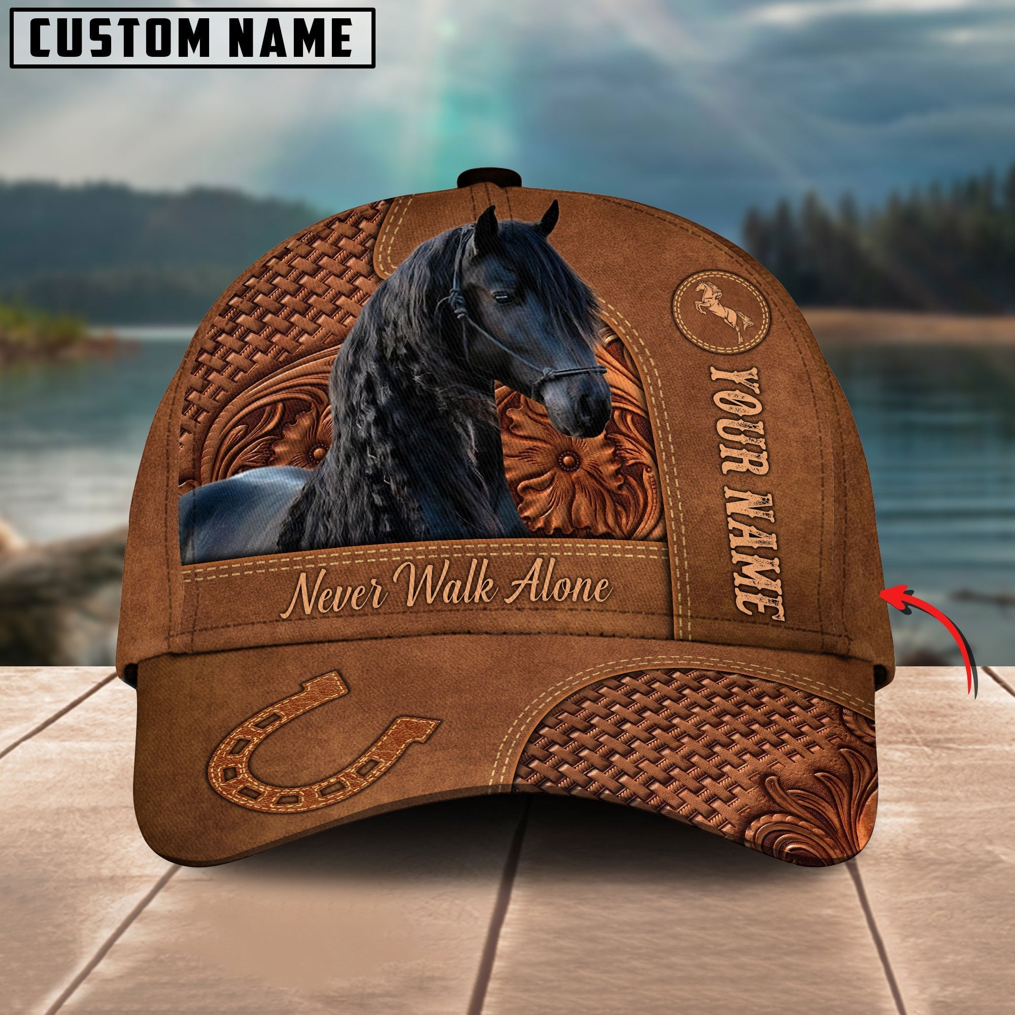 Friesian Horse Carving Leather Pattern Custom Name 3D Classic Cap