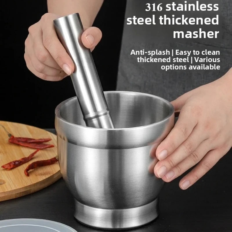 316 Food Grade Stainless Steel Handmade Garlic Grinder Kitchen Mortar for Household Garlic Sauce Preparation Durable