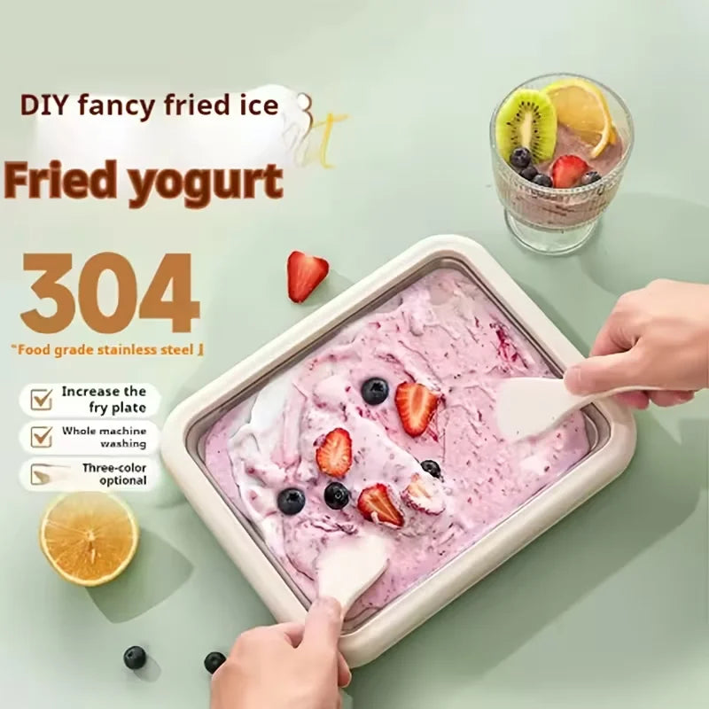 Household Rolled Ice Cream Maker Small Child's Homemade Yogurt Pudding Stainless Steel Stir Fried Ice Tray Ice Stir Fry Machine