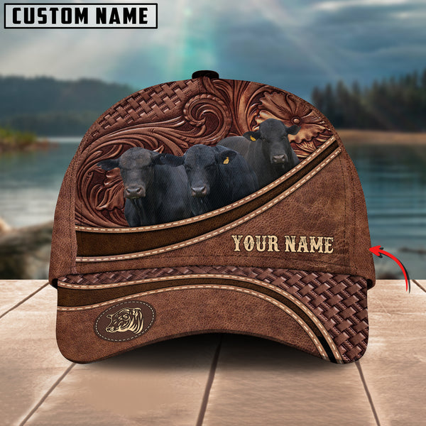Black Brangus Personalized Name Brown Carving Leather Pattern 3D Classic Cap
