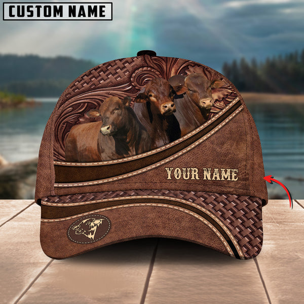 Beefmaster Personalized Name Brown Carving Leather Pattern 3D Classic Cap