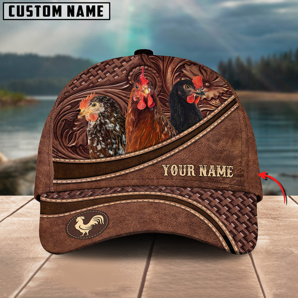 Chicken Personalized Name Brown Carving Leather Pattern 3D Classic Cap