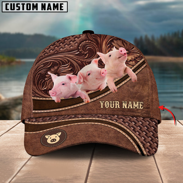 Pig Personalized Name Brown Carving Leather Pattern 3D Classic Cap