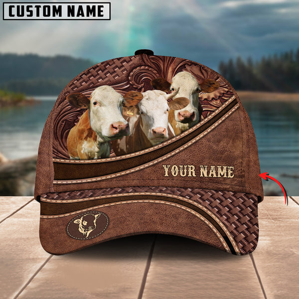 Simmental Personalized Name Brown Carving Leather Pattern 3D Classic Cap