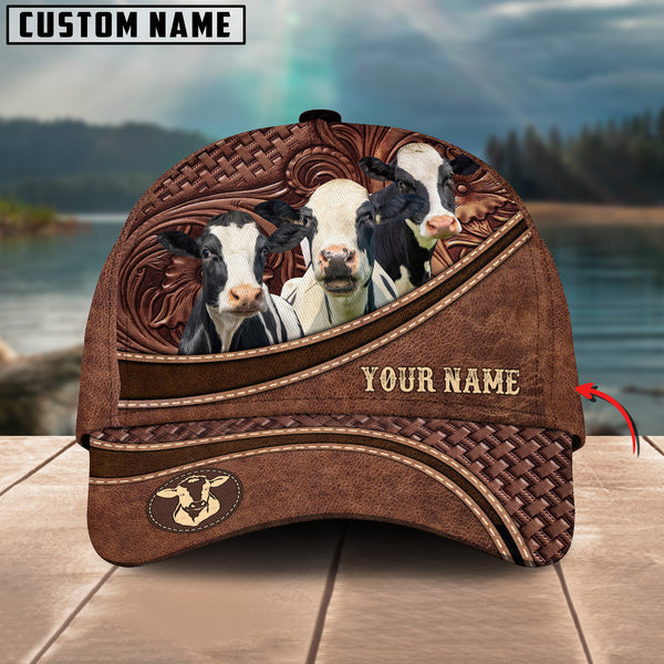 Holstein Personalized Name Brown Carving Leather Pattern 3D Classic Cap