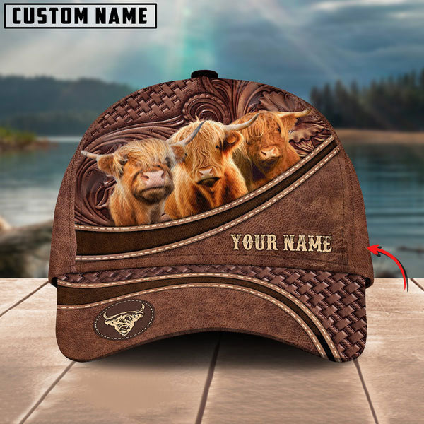 Highland Personalized Name Brown Carving Leather Pattern 3D Classic Cap