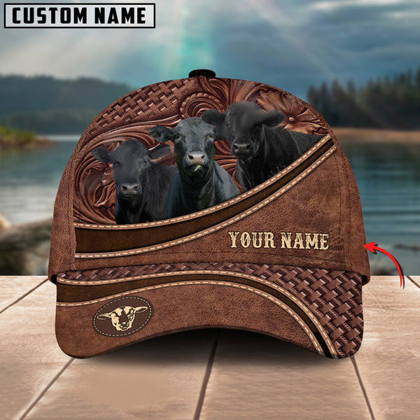 Black Angus Personalized Name Brown Carving Leather Pattern 3D Classic Cap