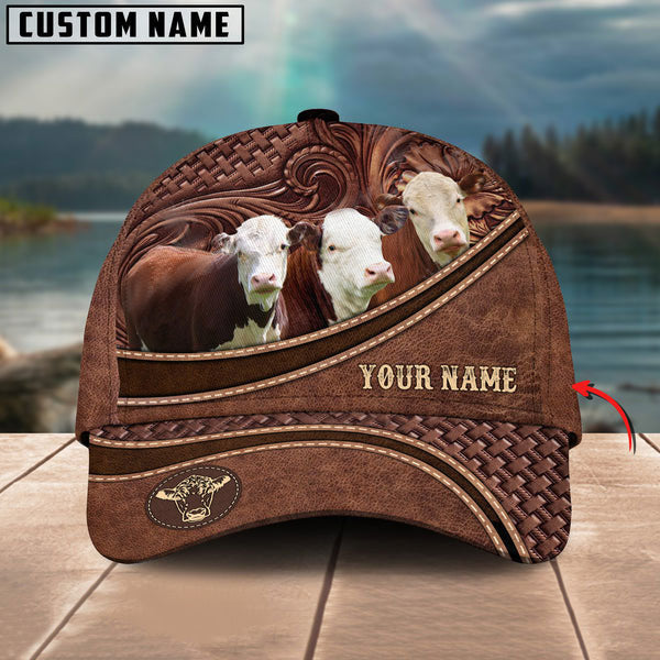 Hereford Personalized Name Brown Carving Leather Pattern 3D Classic Cap