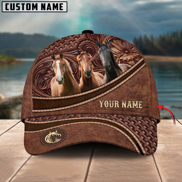 Horse Personalized Name Brown Carving Leather Pattern 3D Classic Cap